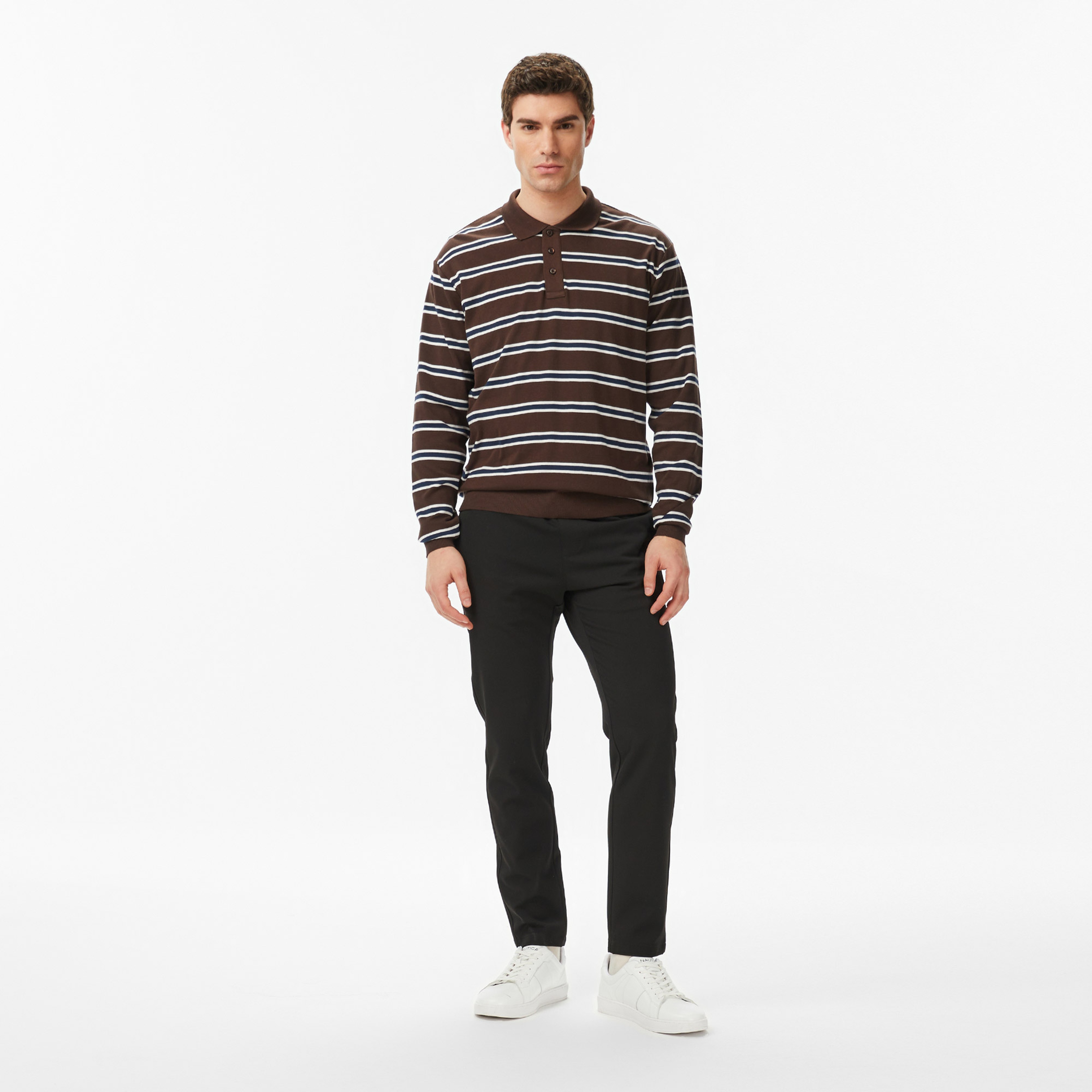 Nautica Erkek Kahverengi Regular Fit Uzun Kollu Çizgili Polo Yaka T-Shirt