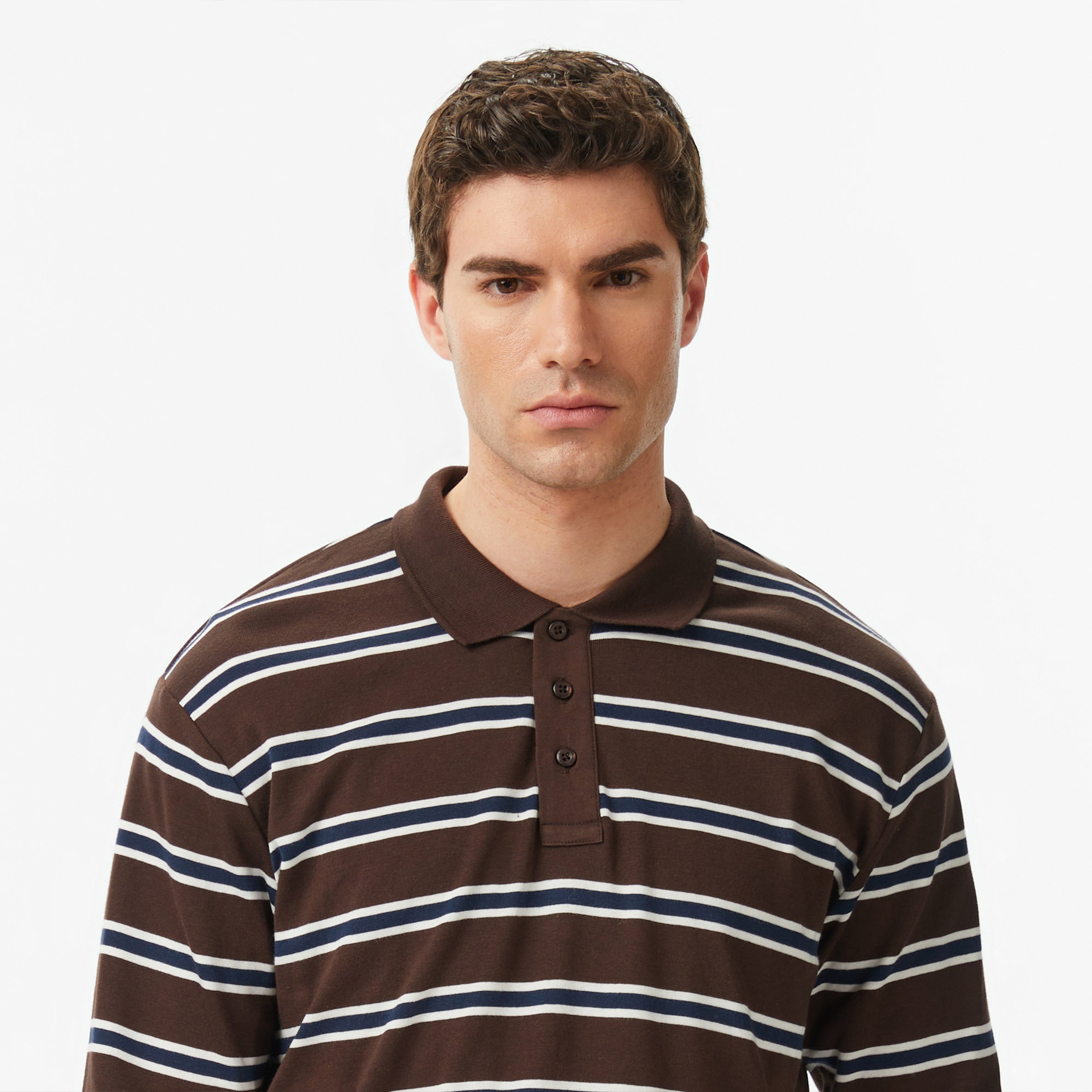 Nautica Erkek Kahverengi Regular Fit Uzun Kollu Çizgili Polo Yaka T-Shirt