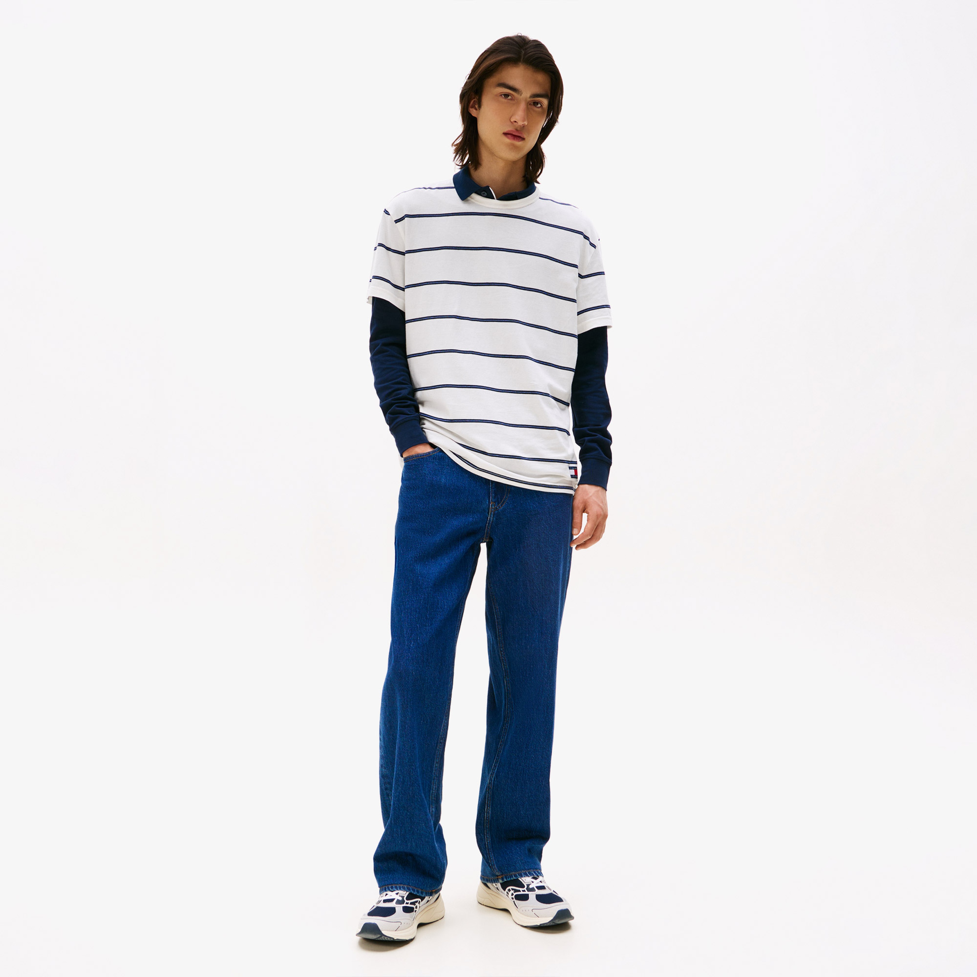 Tommy Jeans Regular Textured Stripe Erkek Beyaz T-Shirt