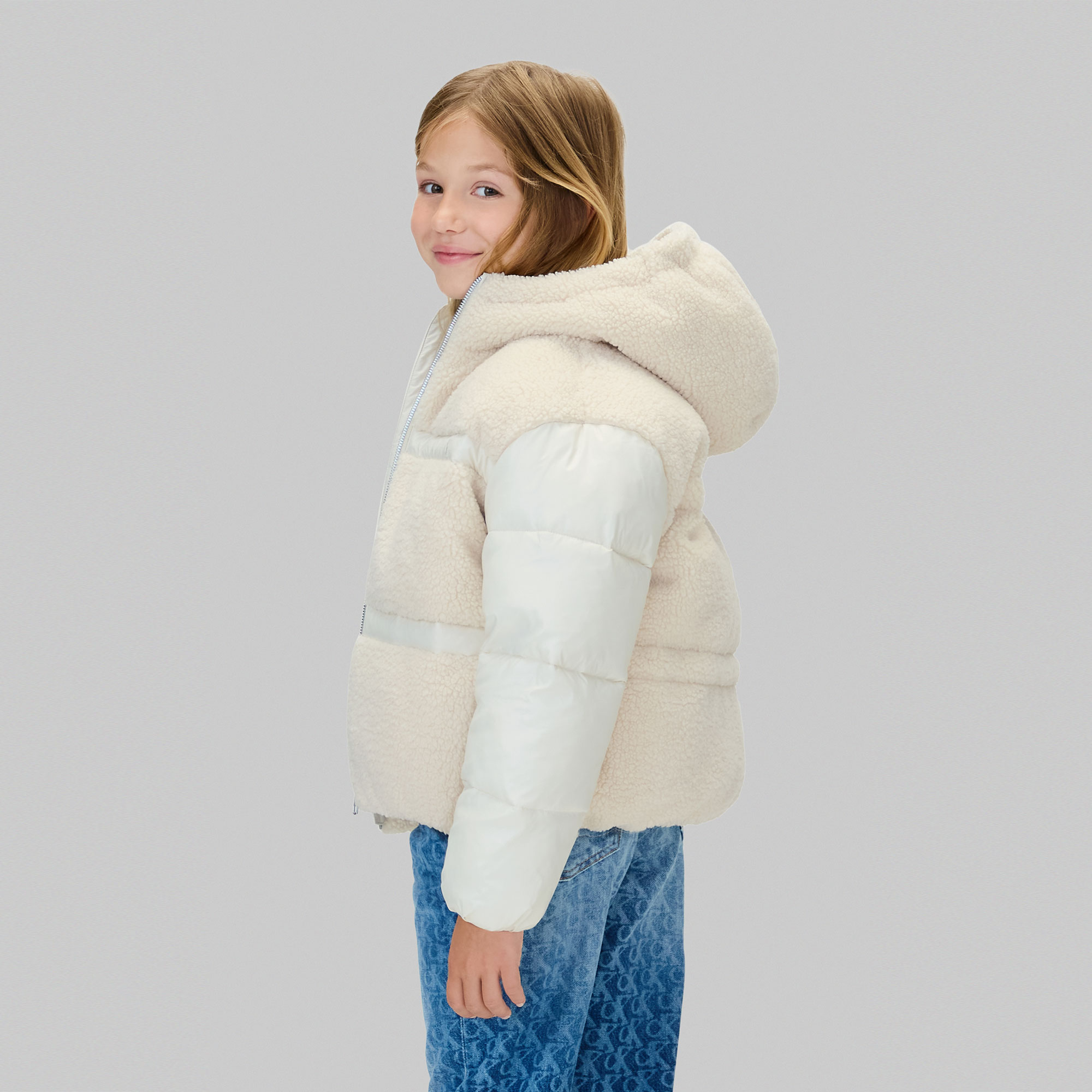 Calvin Klein Teddy Shiny Puffer Çocuk Krem Rengi Mont