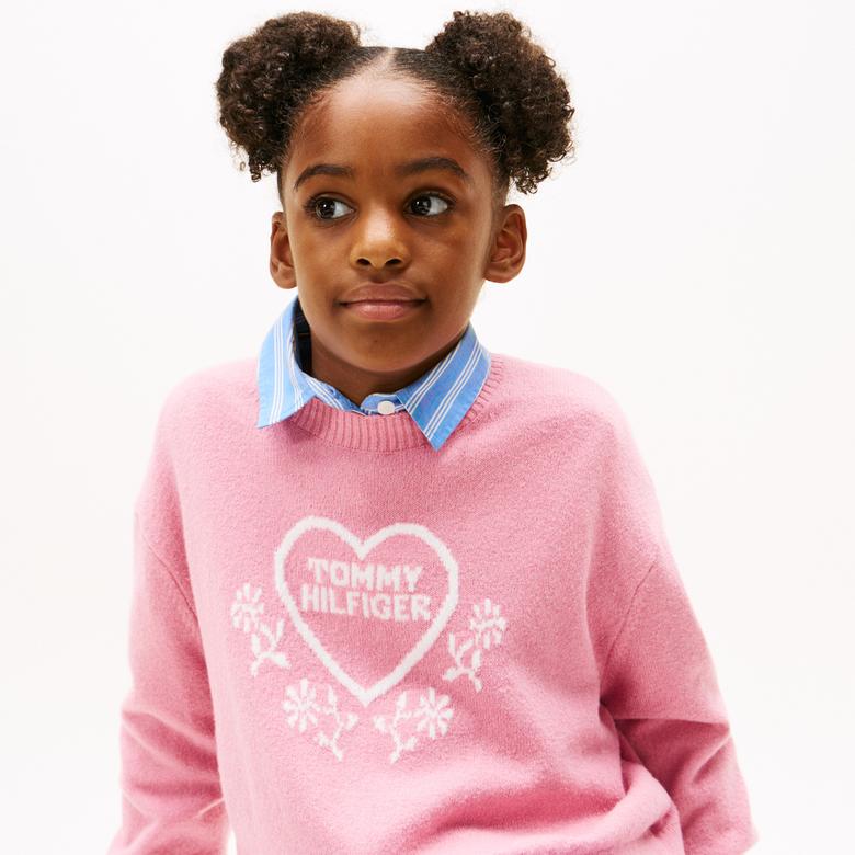 Tommy Hilfiger Heart Jacquard Çocuk Pembe Kazak