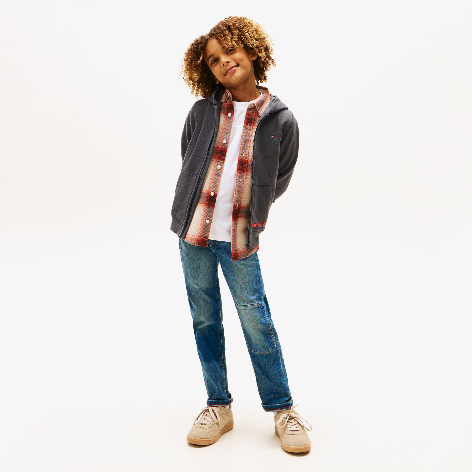 Tommy Hilfiger Print Çocuk Fermuarlı Gri Hoodie