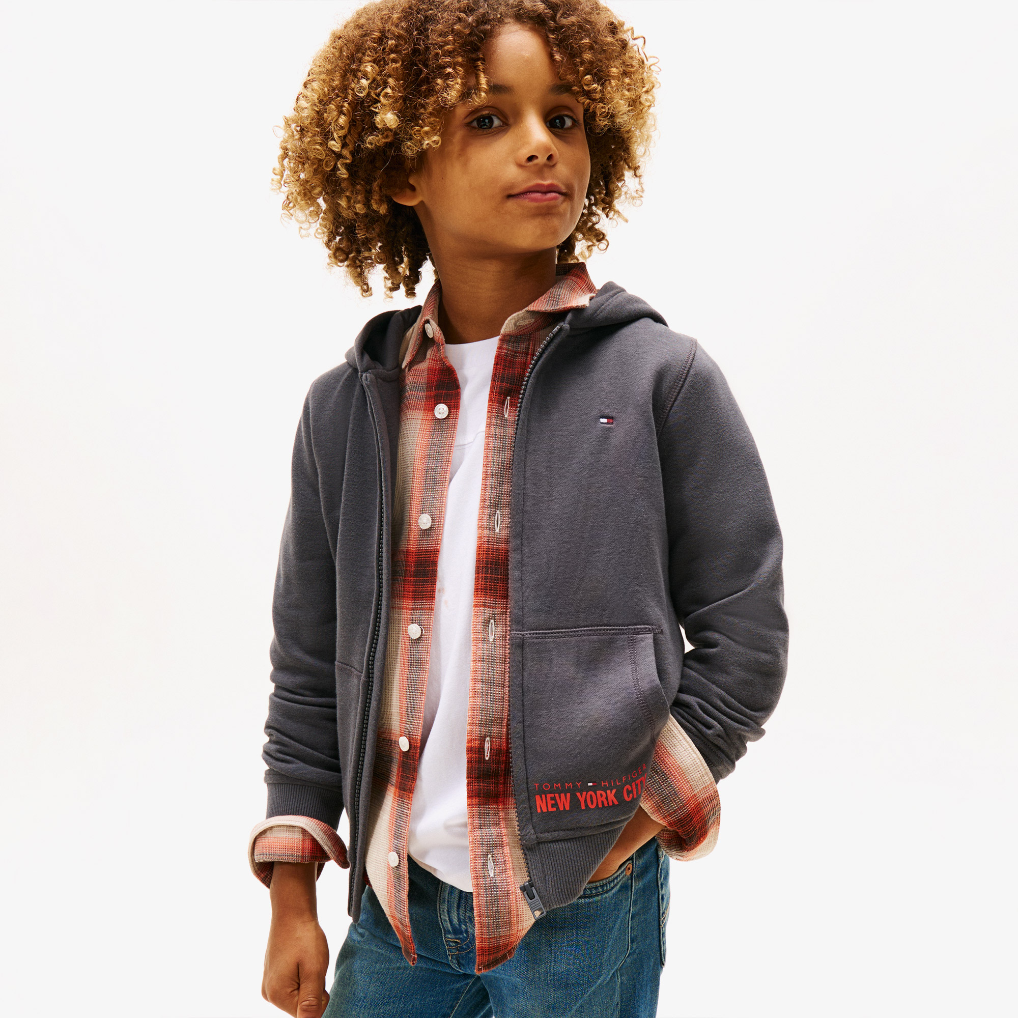 Tommy Hilfiger Print Çocuk Fermuarlı Gri Hoodie