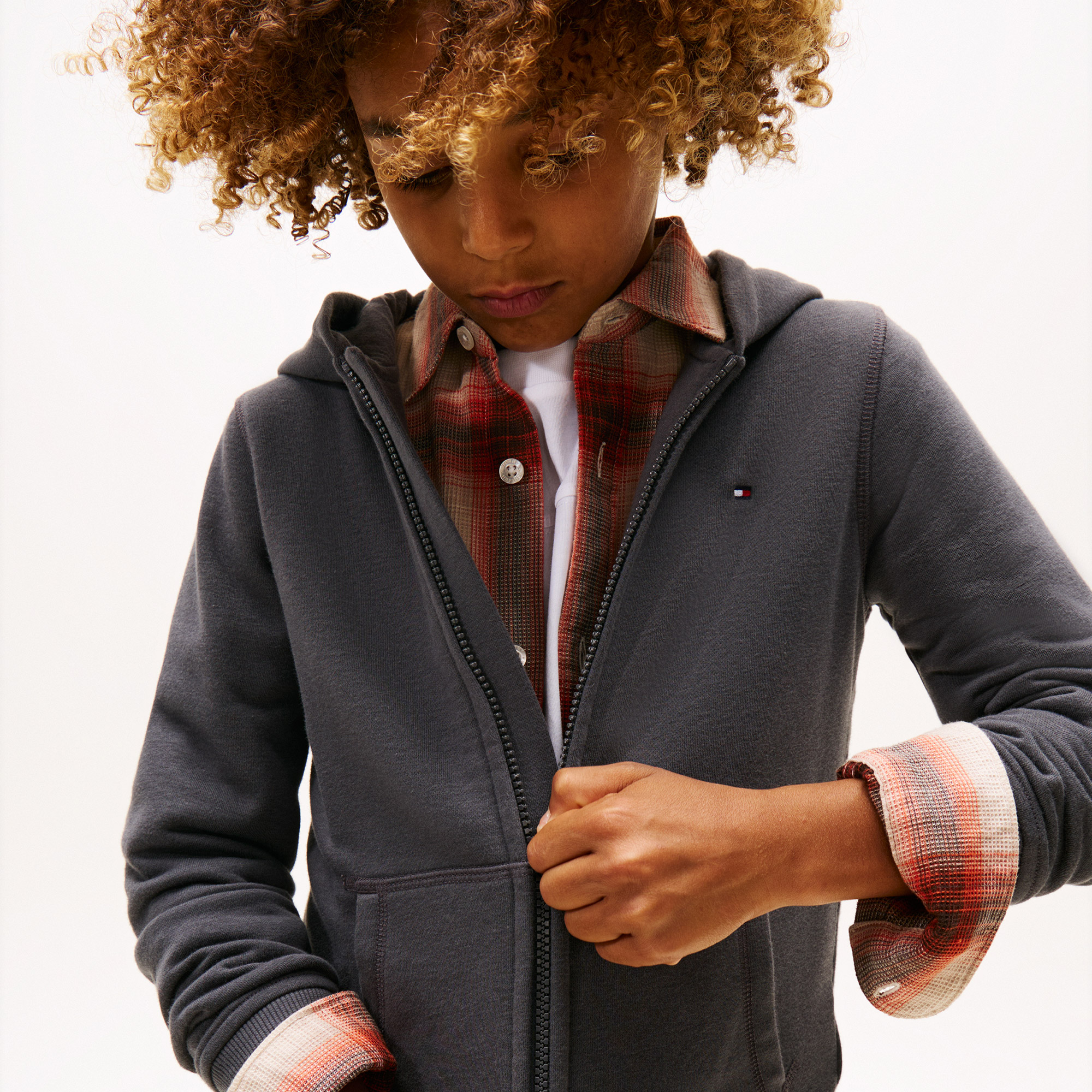 Tommy Hilfiger Print Çocuk Fermuarlı Gri Hoodie