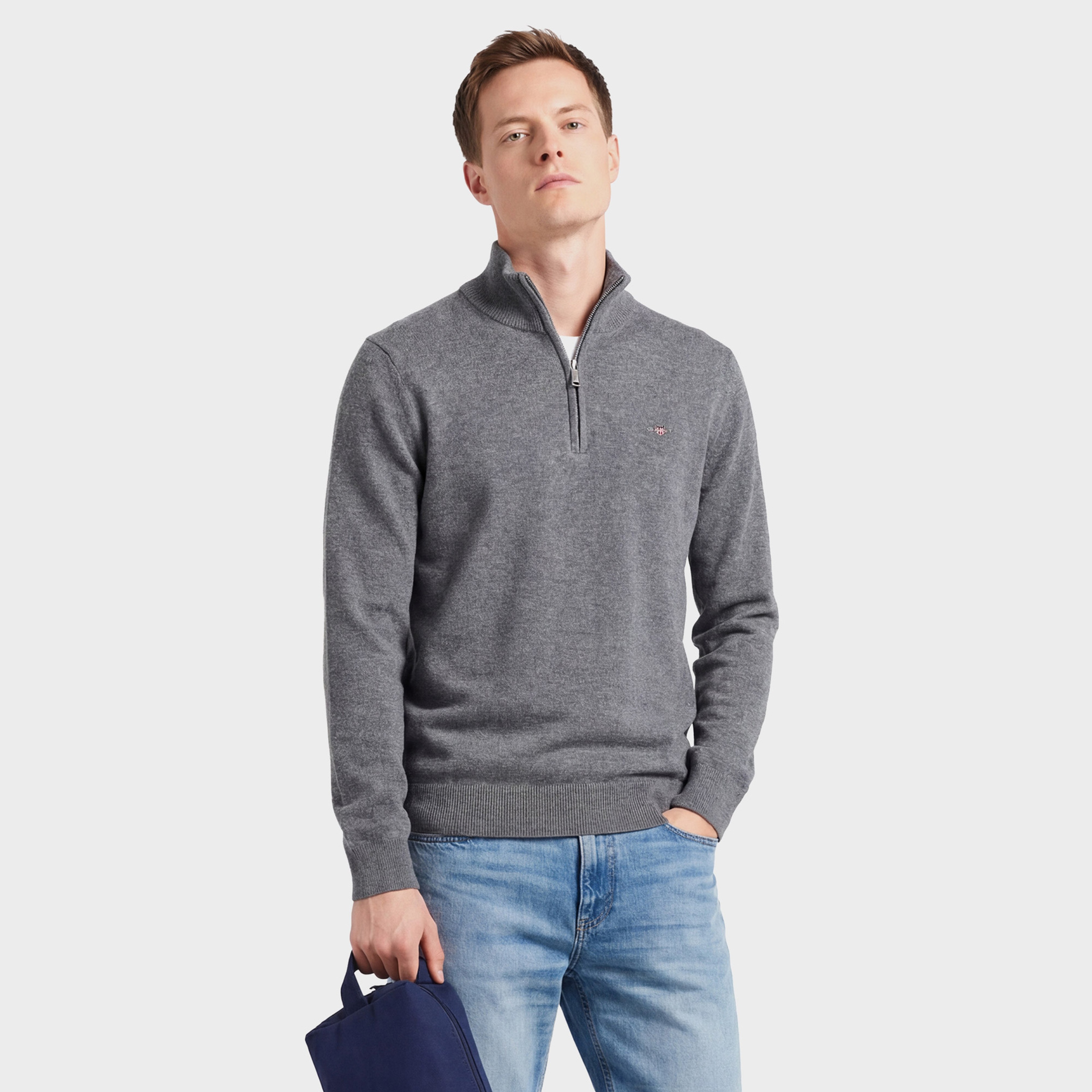 GANT Erkek Gri Regular Fit Yarım Fermuarlı Yün Kazak