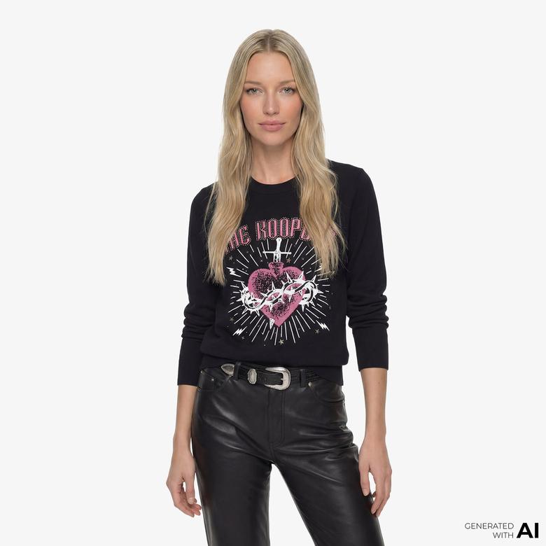 KADIN COMFORT FIT BİSİKLET YAKA BASKILI SİYAH SWEATSHIRT