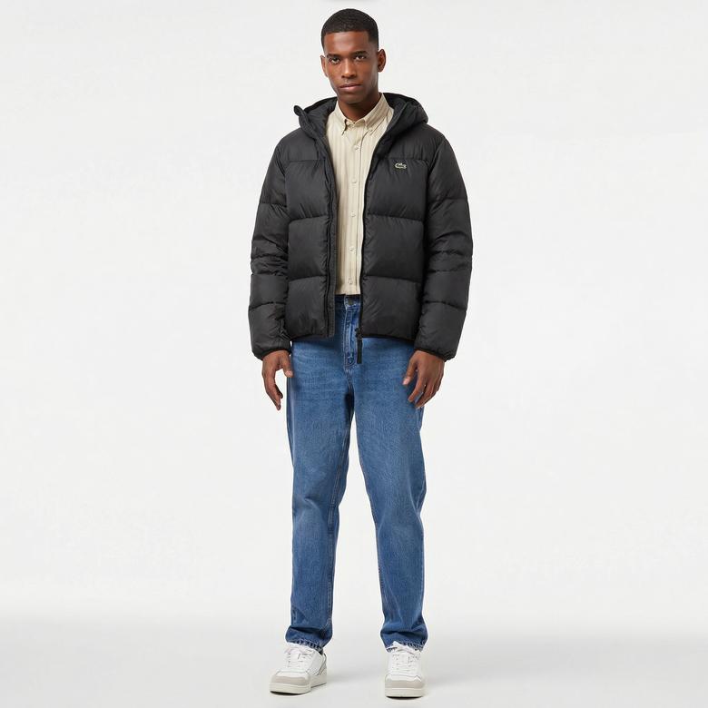 Erkek Relaxed Fit Kapüşonlu Siyah Şişme Mont