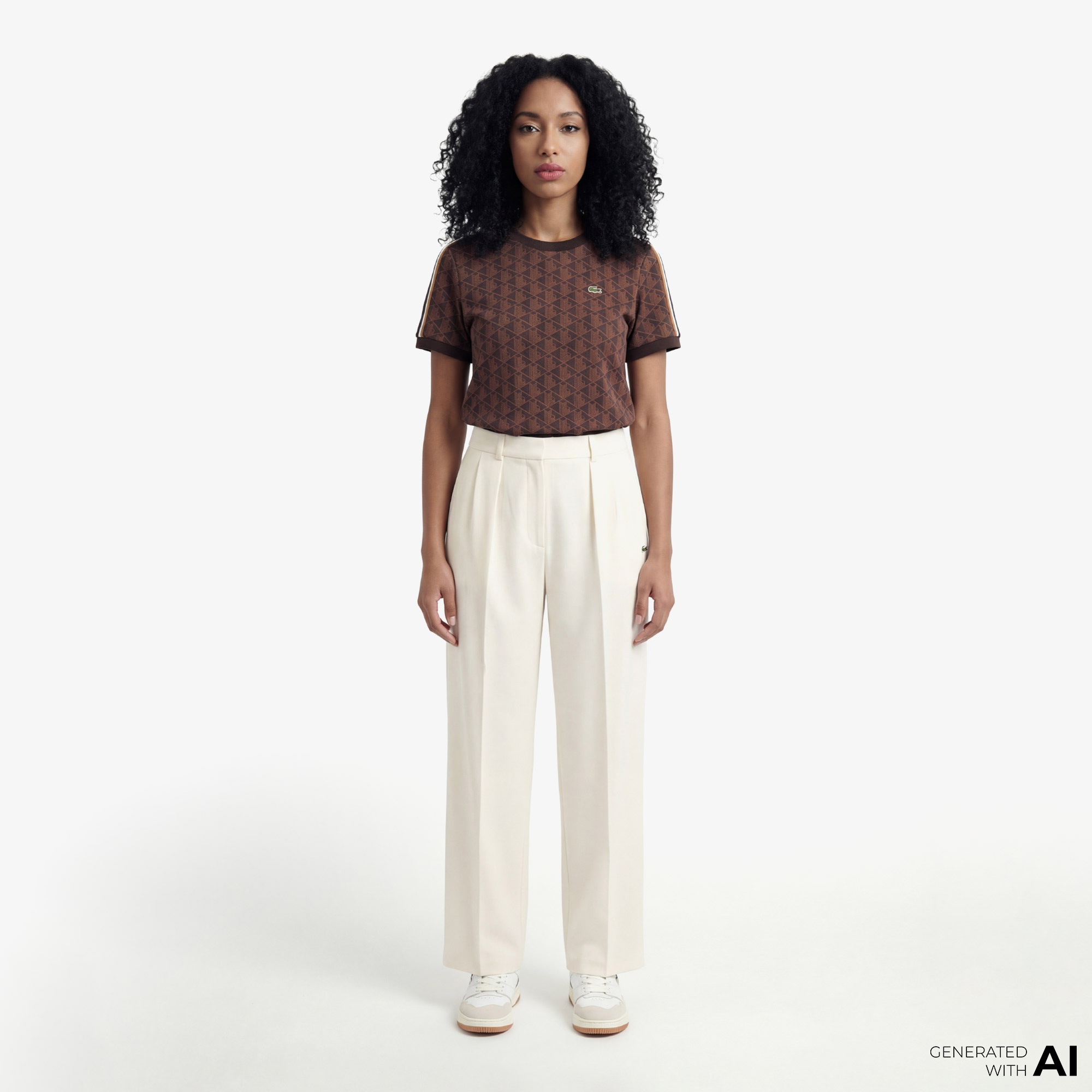 Lacoste Monogram Slim Fit Jacquard Kadın Kahverengi T-Shirt