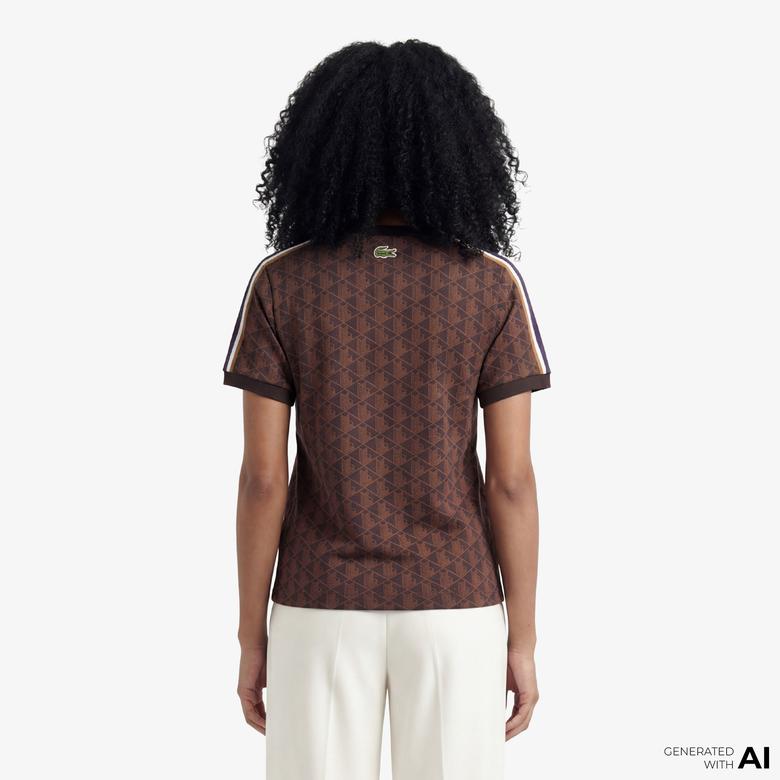 Lacoste Monogram Slim Fit Jacquard Kadın Kahverengi T-Shirt