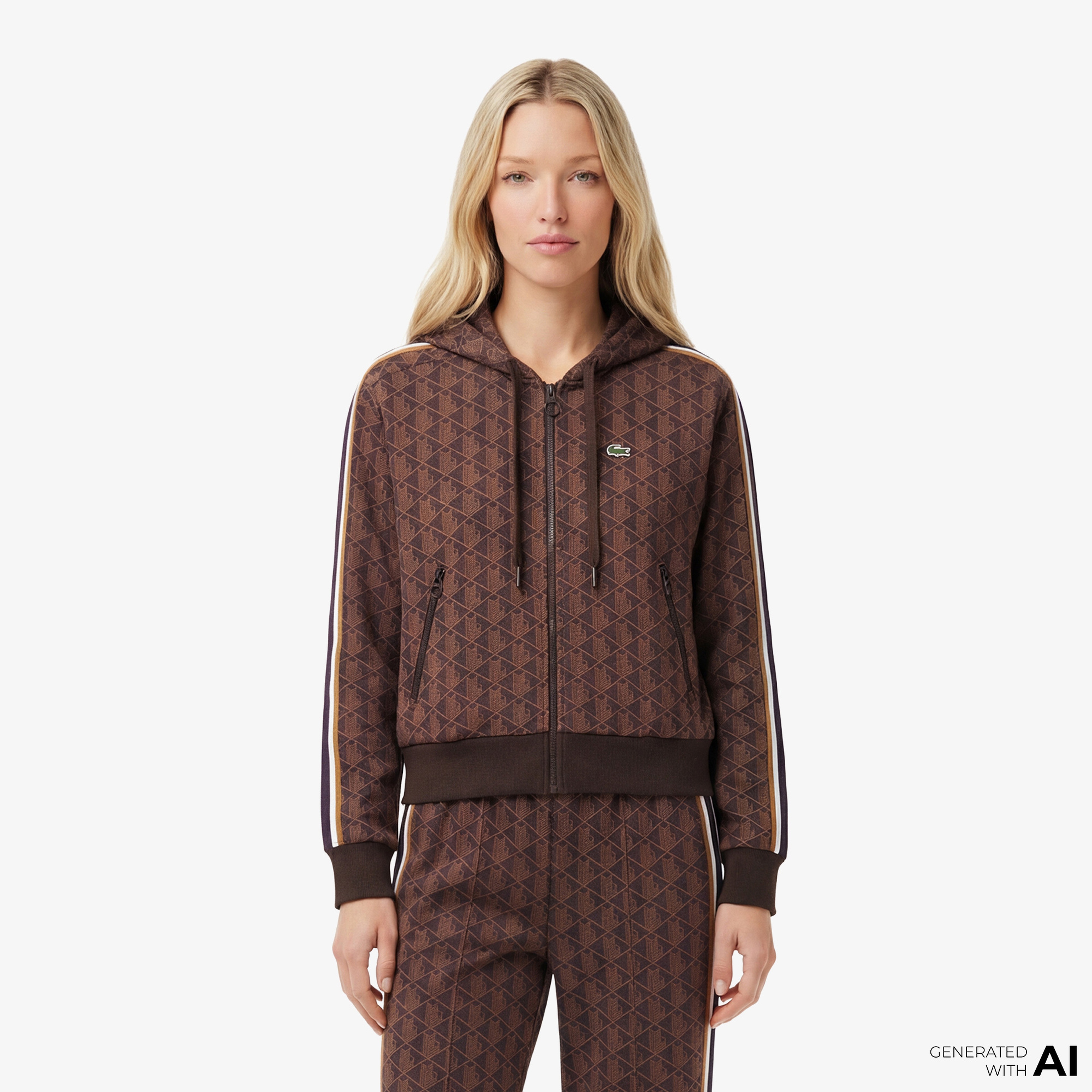 Lacoste Kadın Regular Fit Kapüşonlu Monogram Kahverengi Sweatshirt