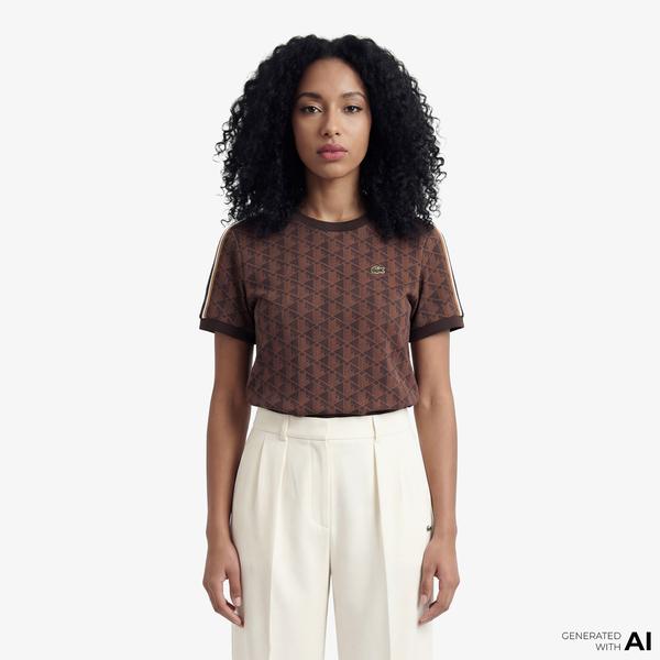 Lacoste Monogram Slim Fit Jacquard Kadın Kahverengi T-Shirt