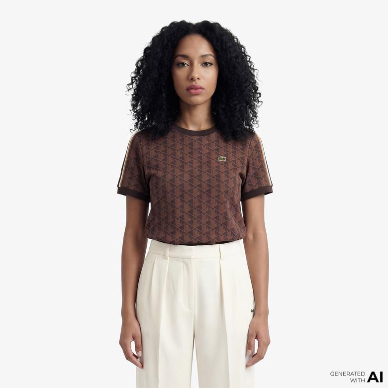 Lacoste Monogram Slim Fit Jacquard Kadın Kahverengi T-Shirt