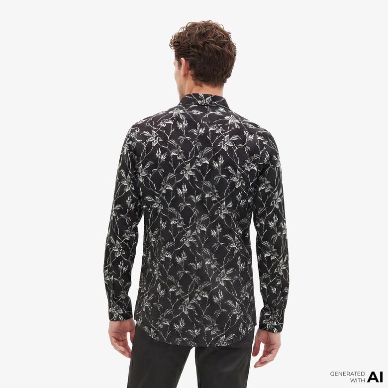 ERKEK STRAIGHT FIT BASKILI SİYAH GÖMLEK