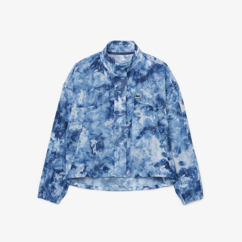 Kadın Relaxed Fit Dik Yaka Desenli Mavi Ceket