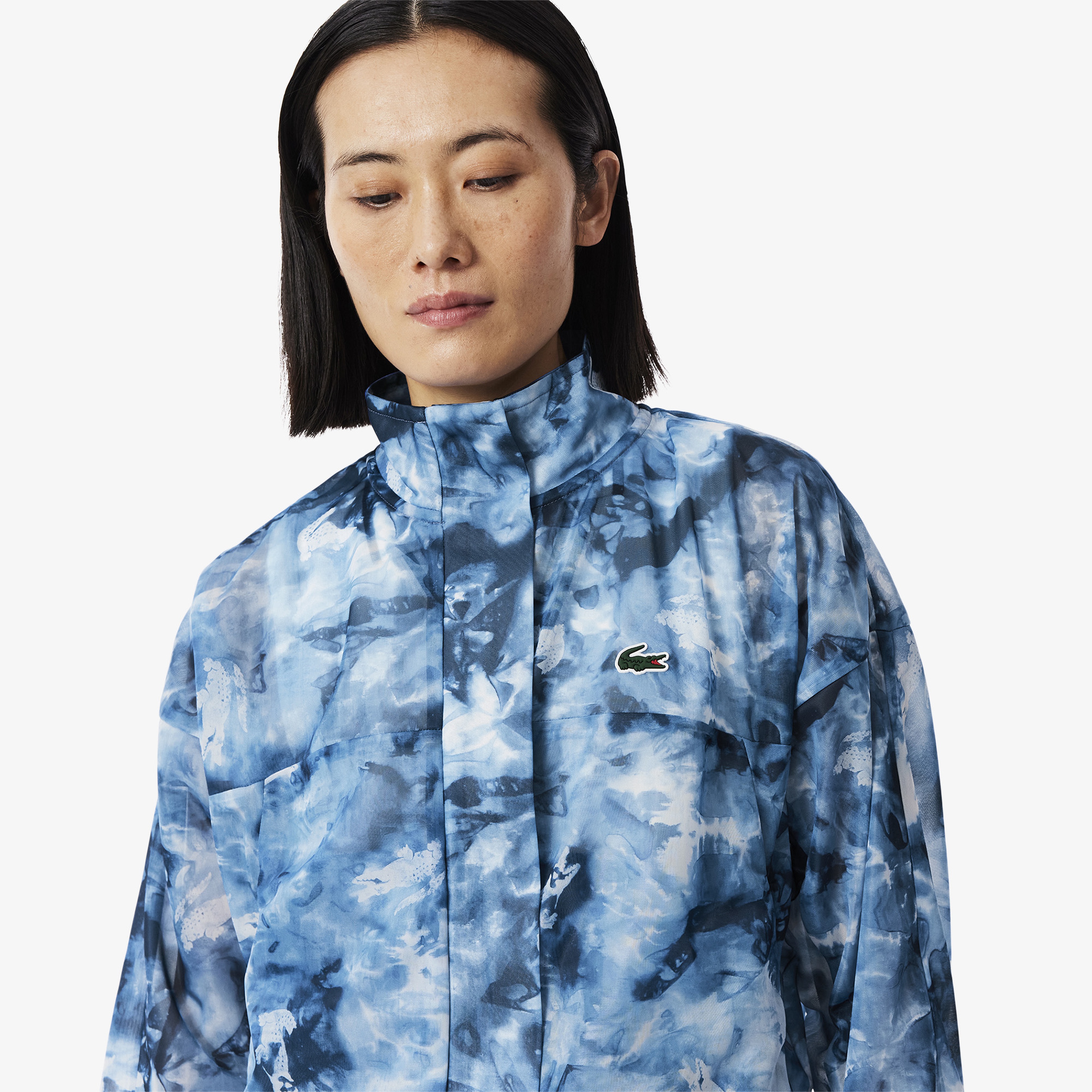 Kadın Relaxed Fit Dik Yaka Desenli Mavi Ceket