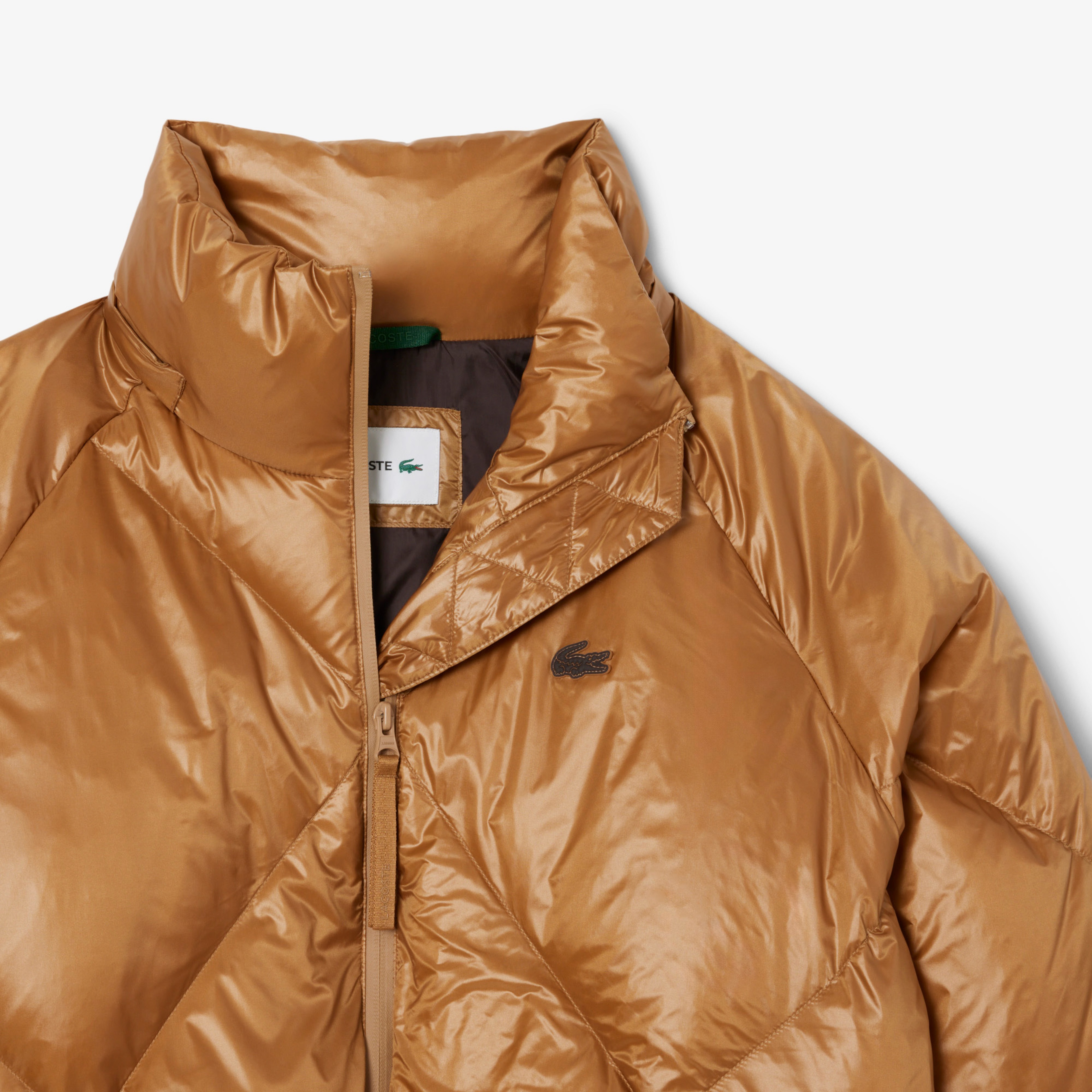 Lacoste Kadın Oversize Fit Kapüşonlu Kapitone Açık Kahverengi Mont