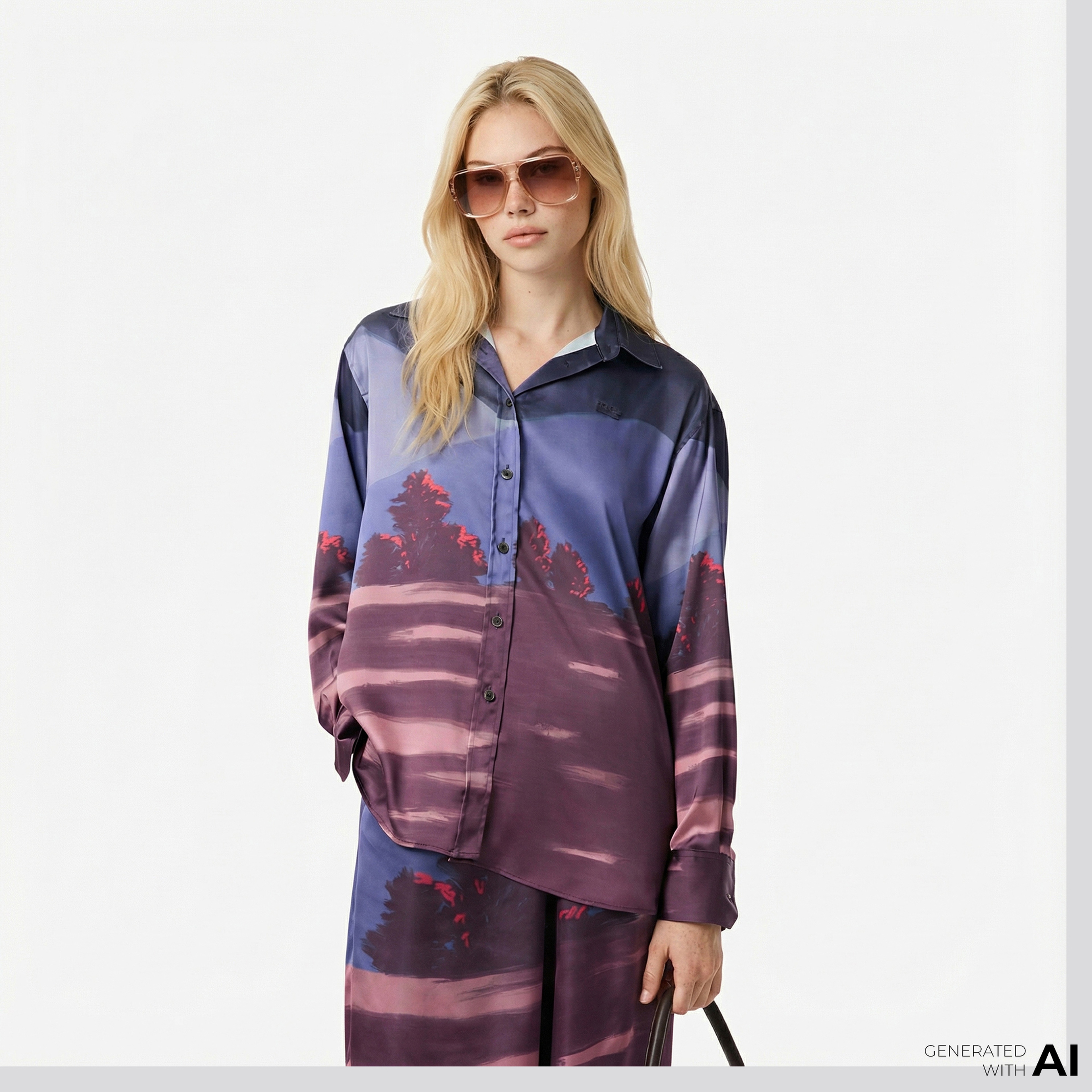 Kadın Oversize Fit Baskılı Mor Saten Gömlek