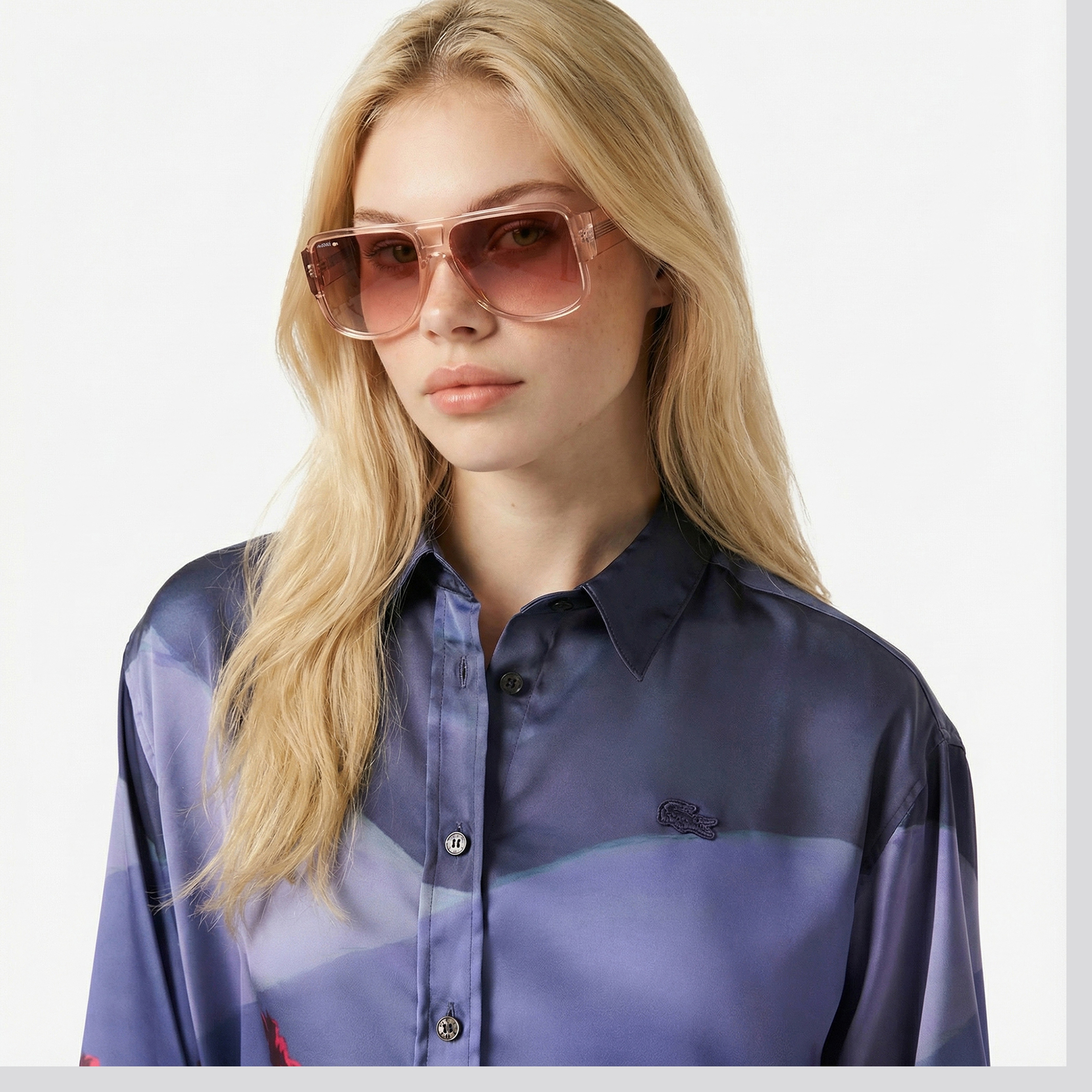 Kadın Oversize Fit Baskılı Mor Saten Gömlek