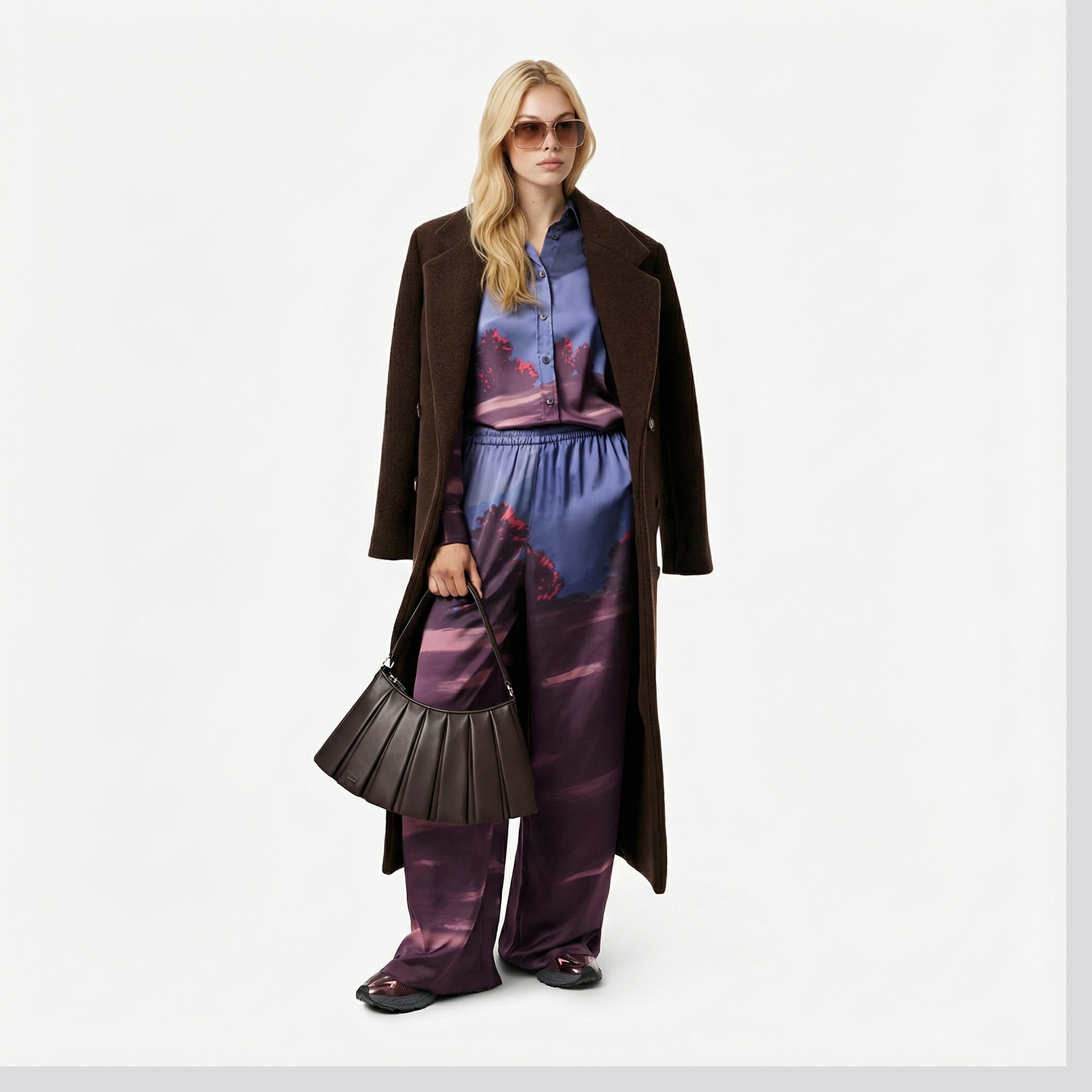 Kadın Oversize Fit Baskılı Mor Saten Gömlek