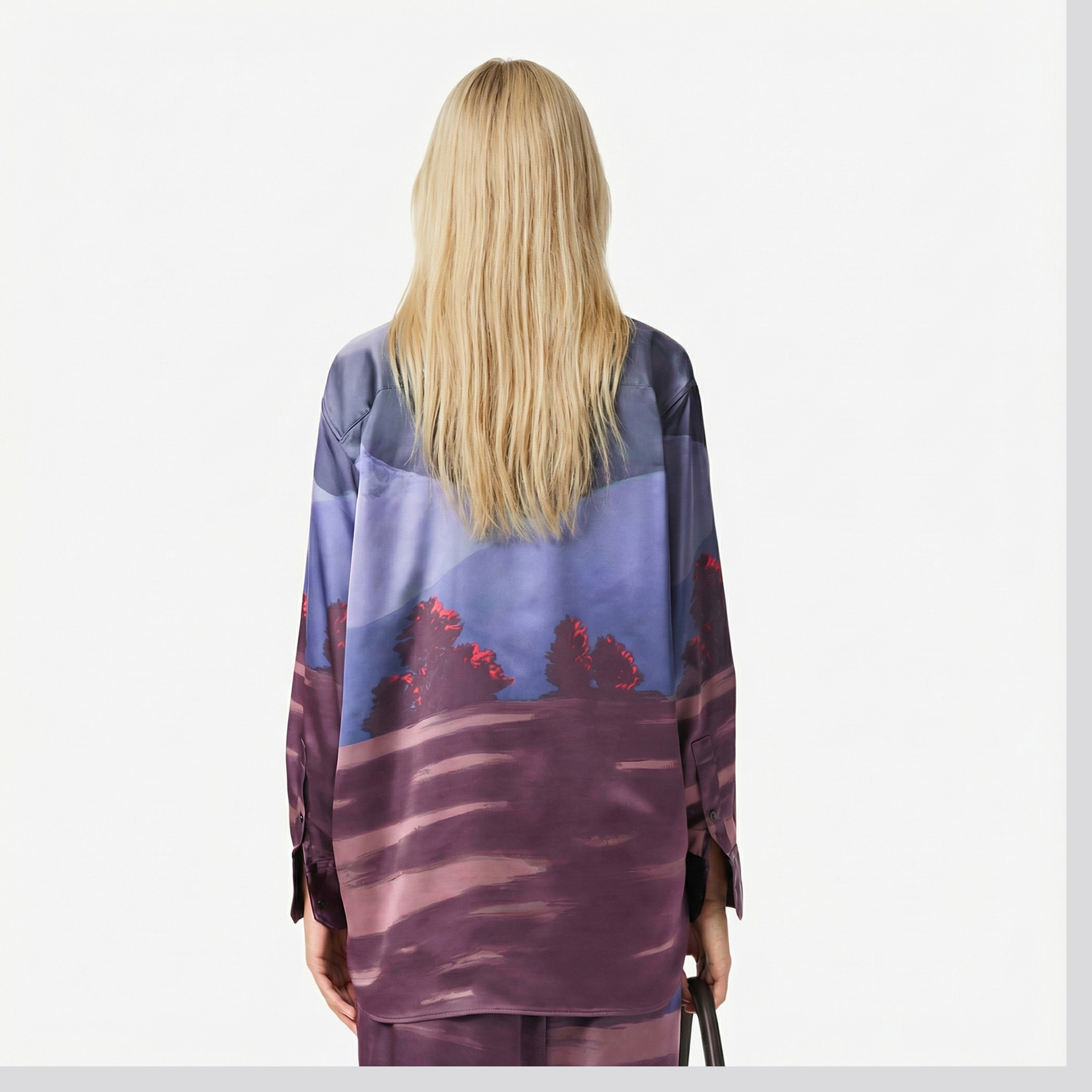 Kadın Oversize Fit Baskılı Mor Saten Gömlek