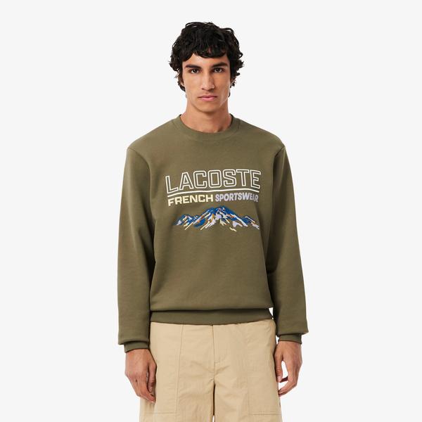Erkek Classic Fit Bisiklet Yaka Baskılı Haki Sweatshirt