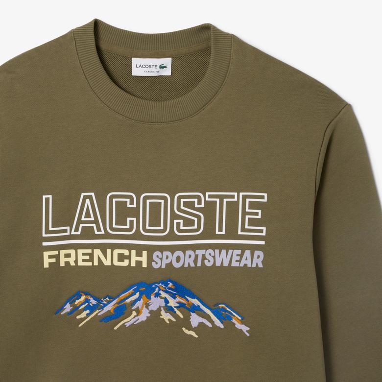 Erkek Classic Fit Bisiklet Yaka Baskılı Haki Sweatshirt