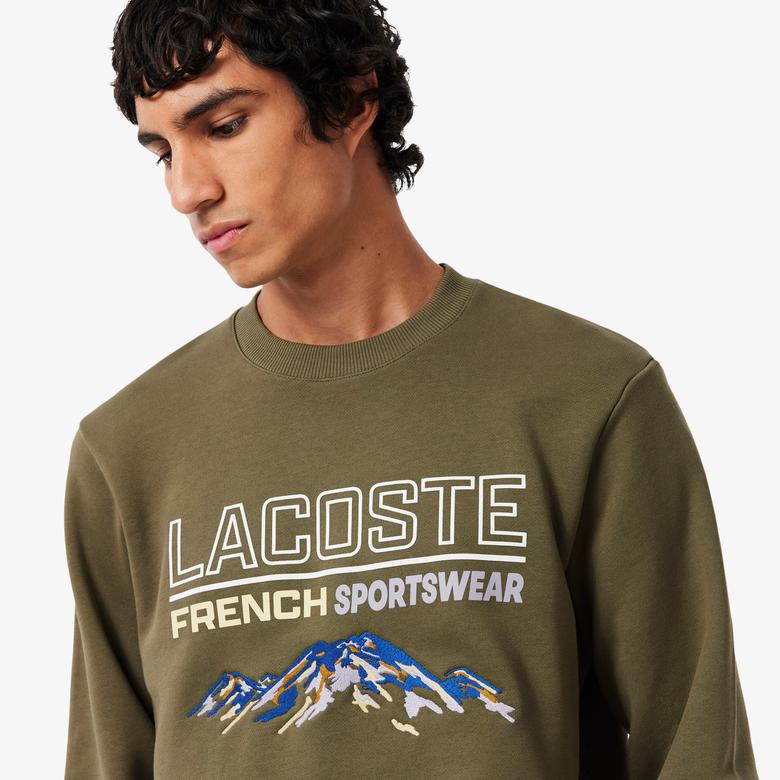 Erkek Classic Fit Bisiklet Yaka Baskılı Haki Sweatshirt