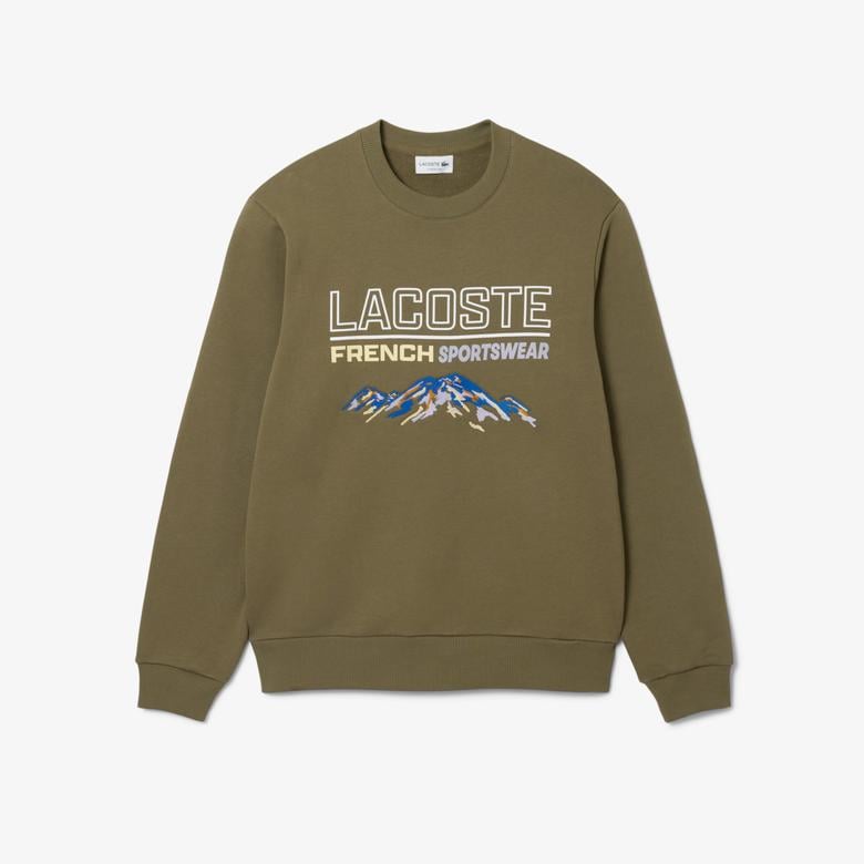 Erkek Classic Fit Bisiklet Yaka Baskılı Haki Sweatshirt