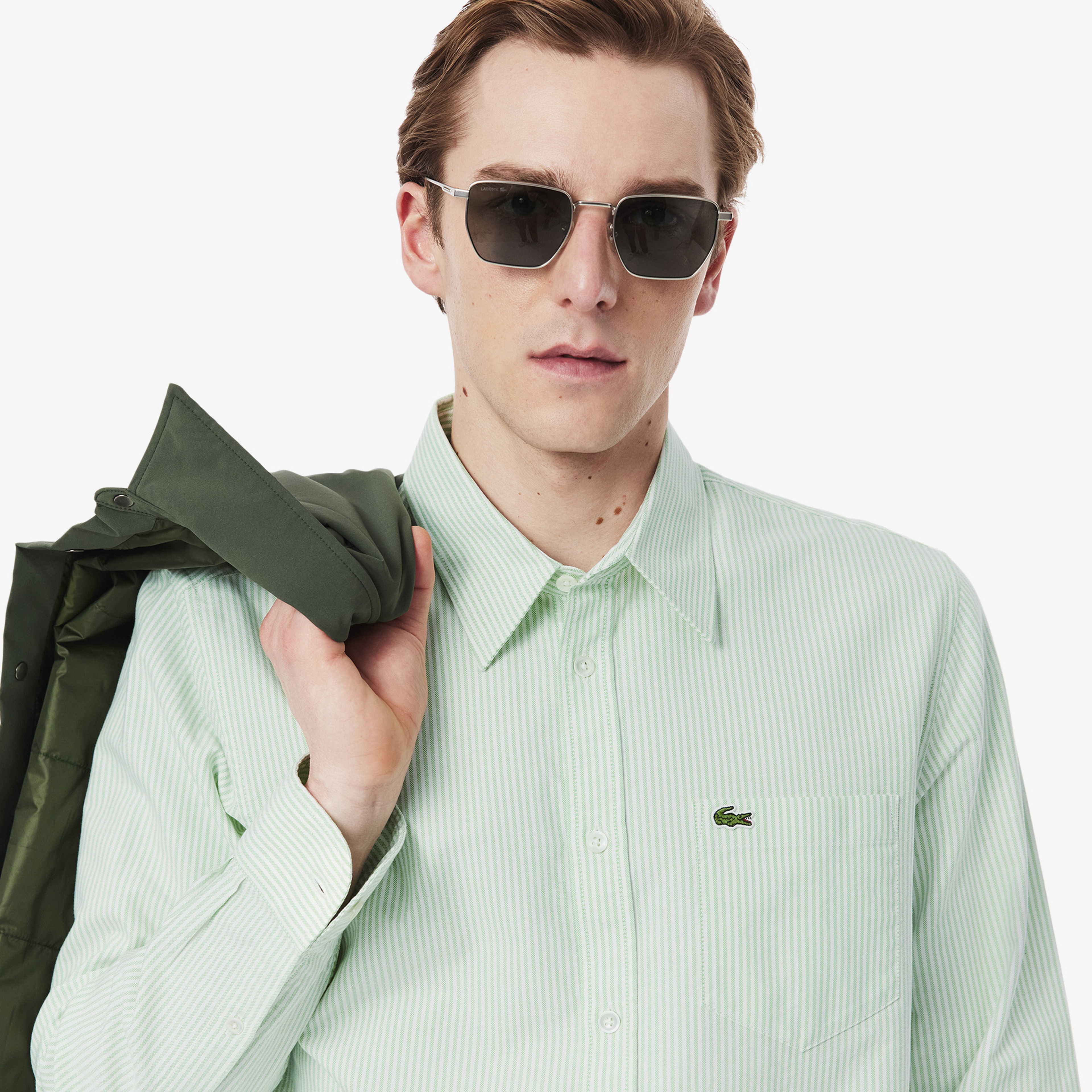Erkek Regular Fit Çizgili Organik Pamuk Yeşil Gömlek