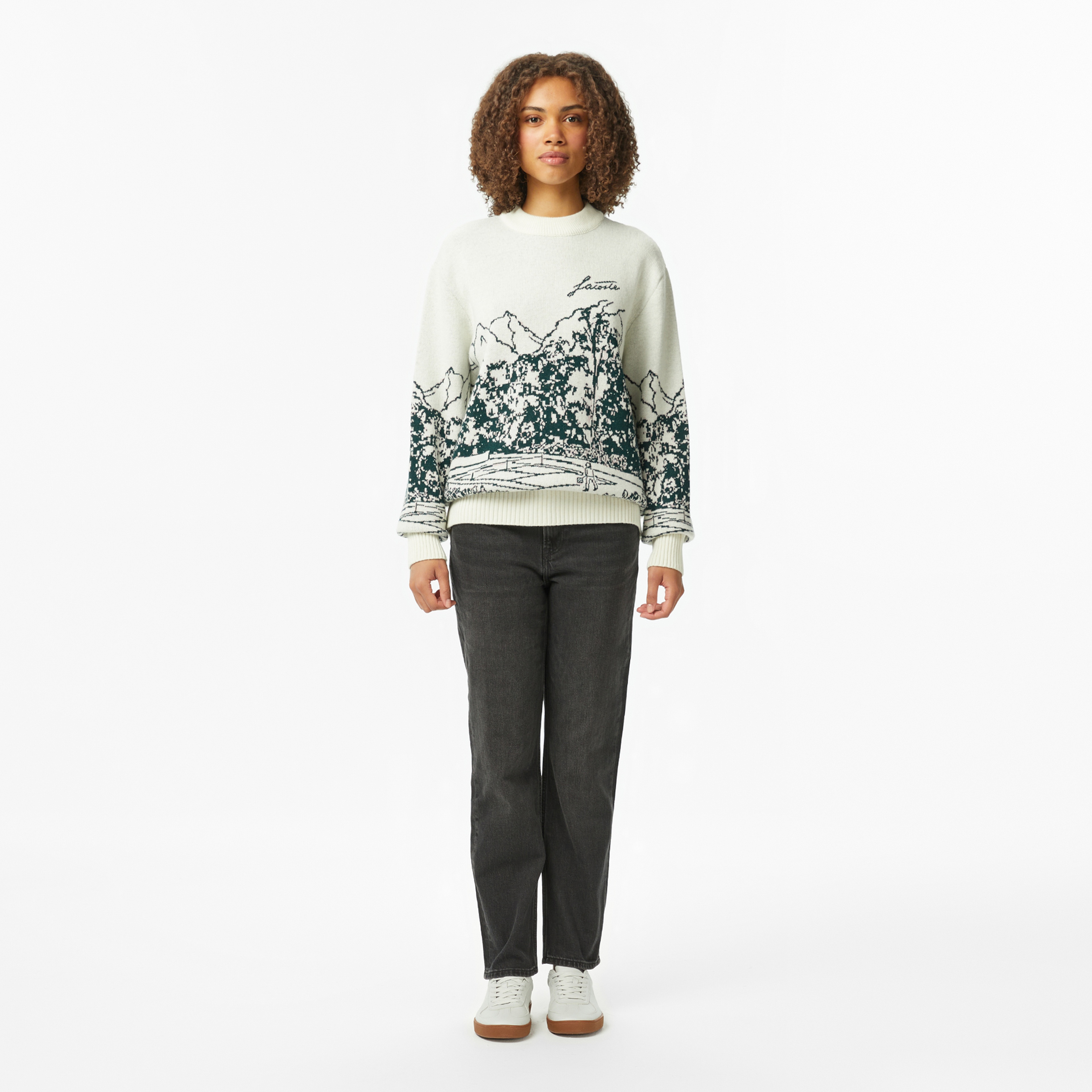 Lacoste Kadın Relaxed Fit Bisiklet Yaka Desenli Krem Kazak