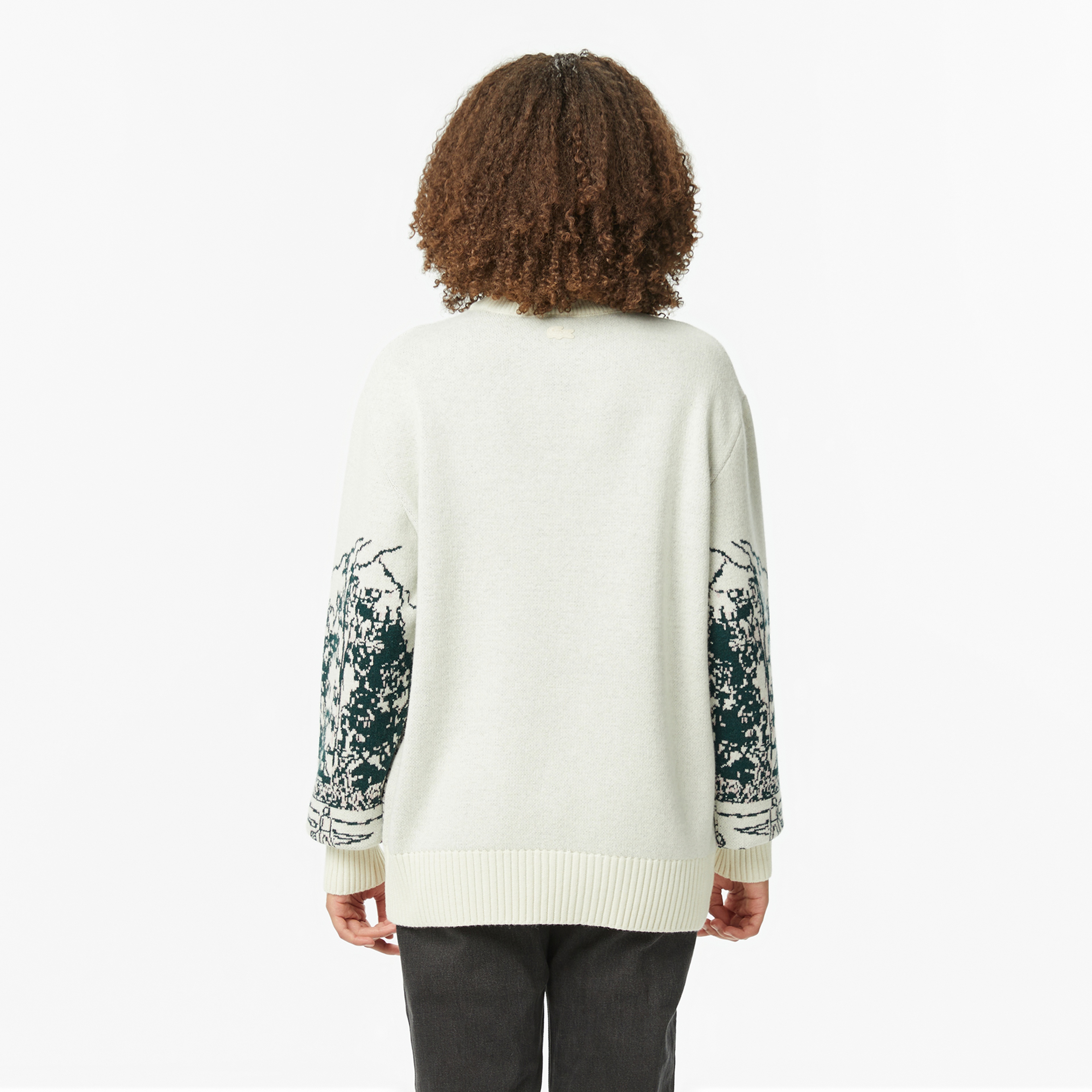 Lacoste Kadın Relaxed Fit Bisiklet Yaka Desenli Krem Kazak