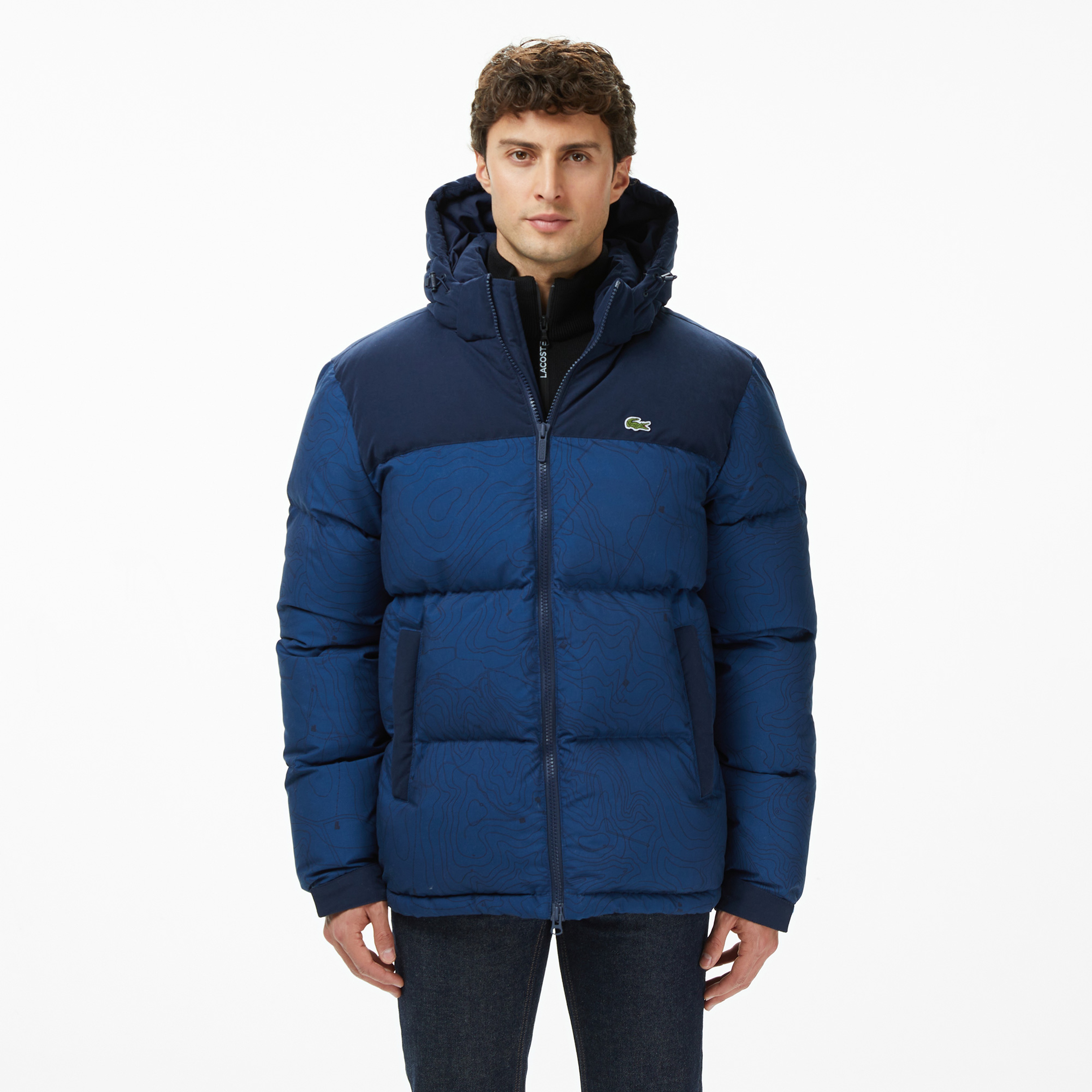 Lacoste Erkek Kapüşonlu Renk Bloklu Lacivert Mont