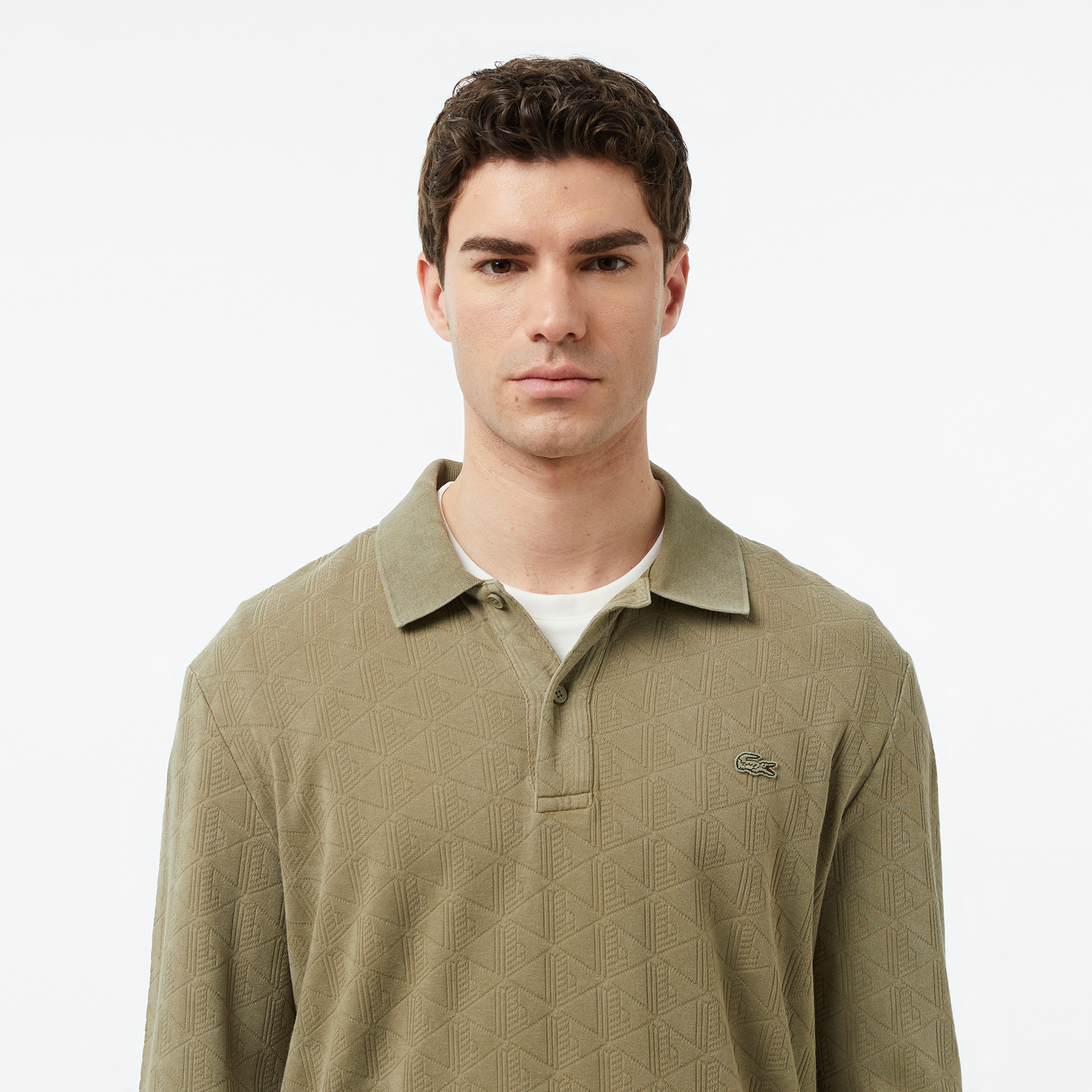 Erkek Regular Fit Uzun Kollu Monogram Haki Polo