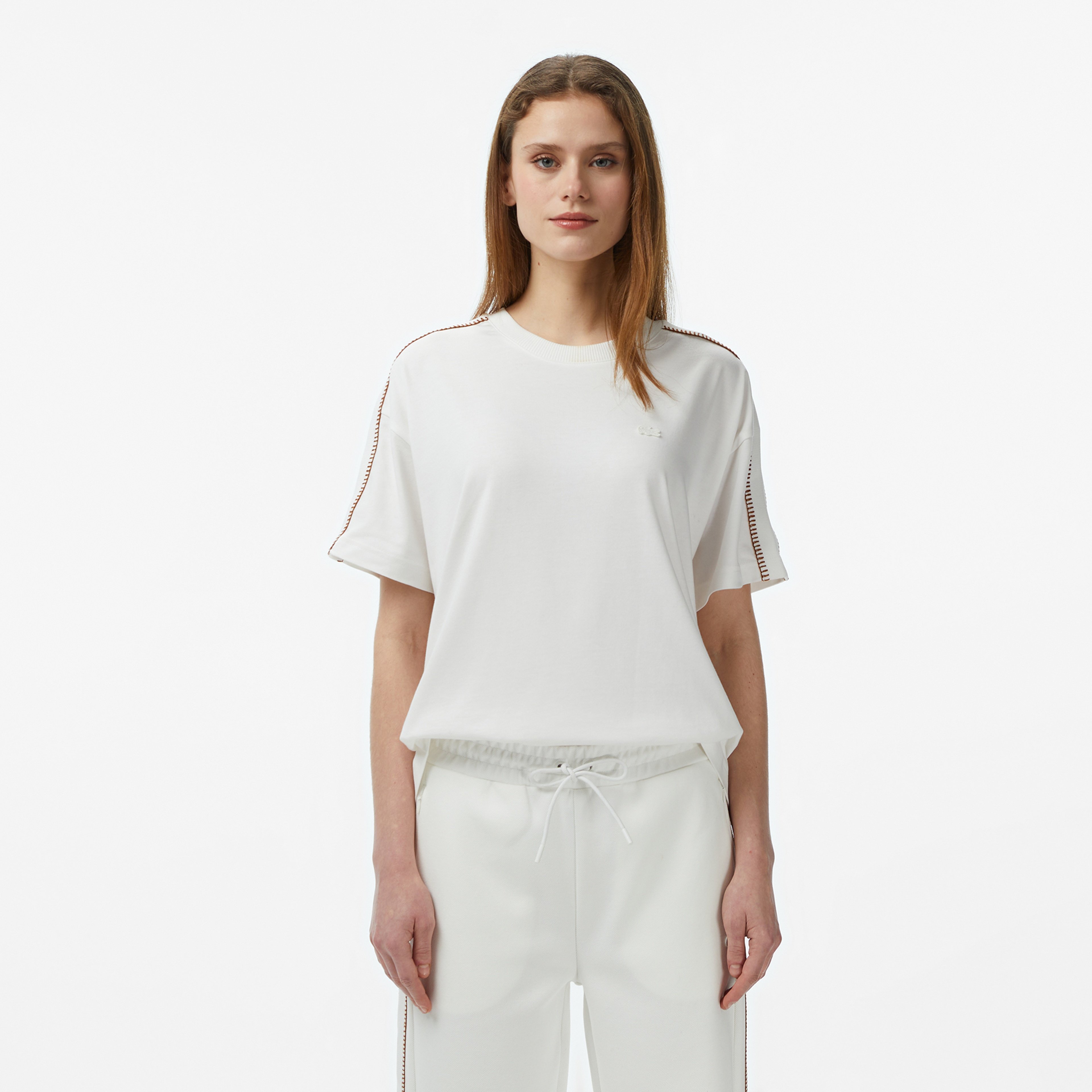 Kadın Loose Fit Bisiklet Yaka Krem T-Shirt