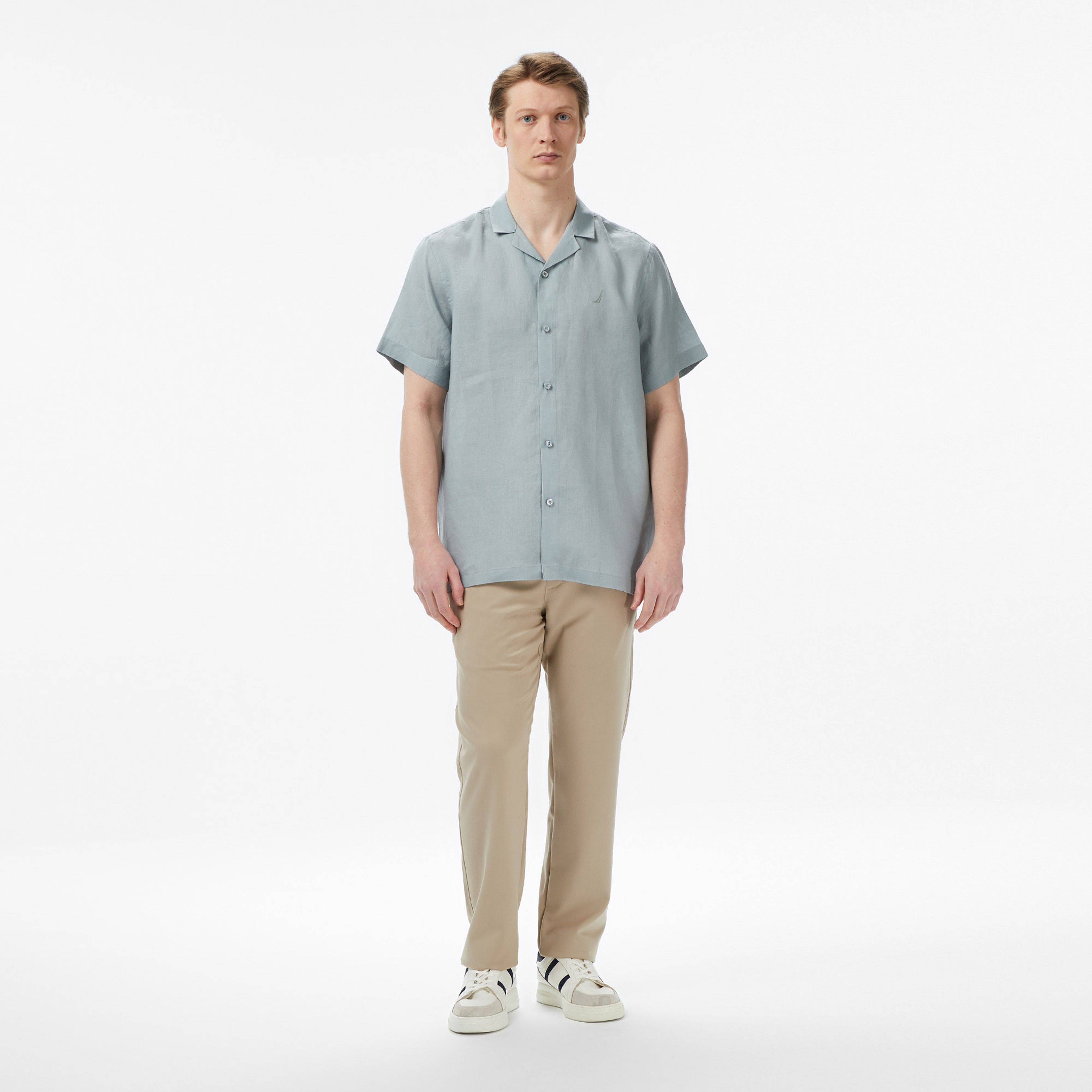 Nautica Erkek Yeşil Regular Fit Kısa Kollu Keten Gömlek