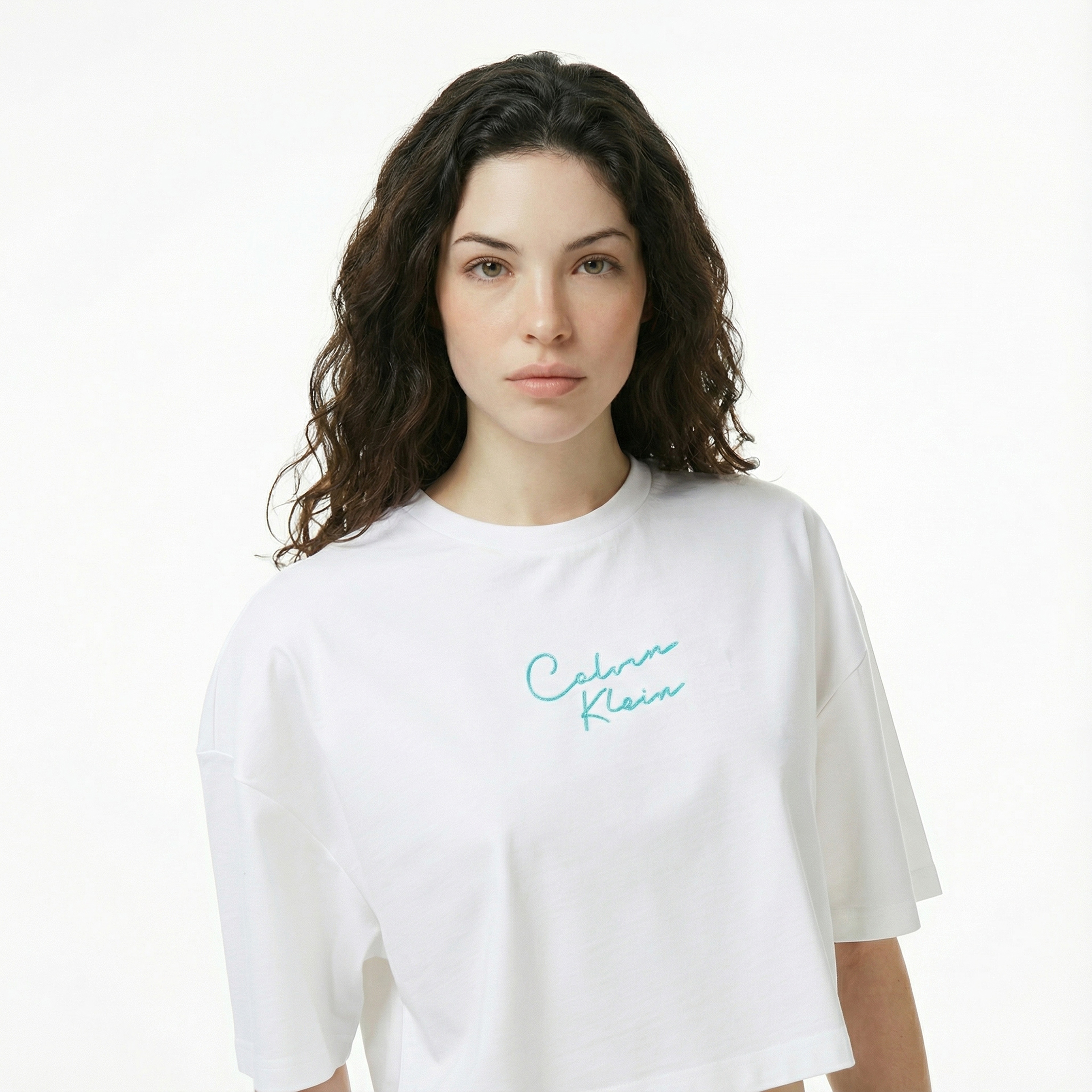 Calvin Klein Cropped Boxy Chain Stitch Logo Kadın Beyaz Crop T-Shirt