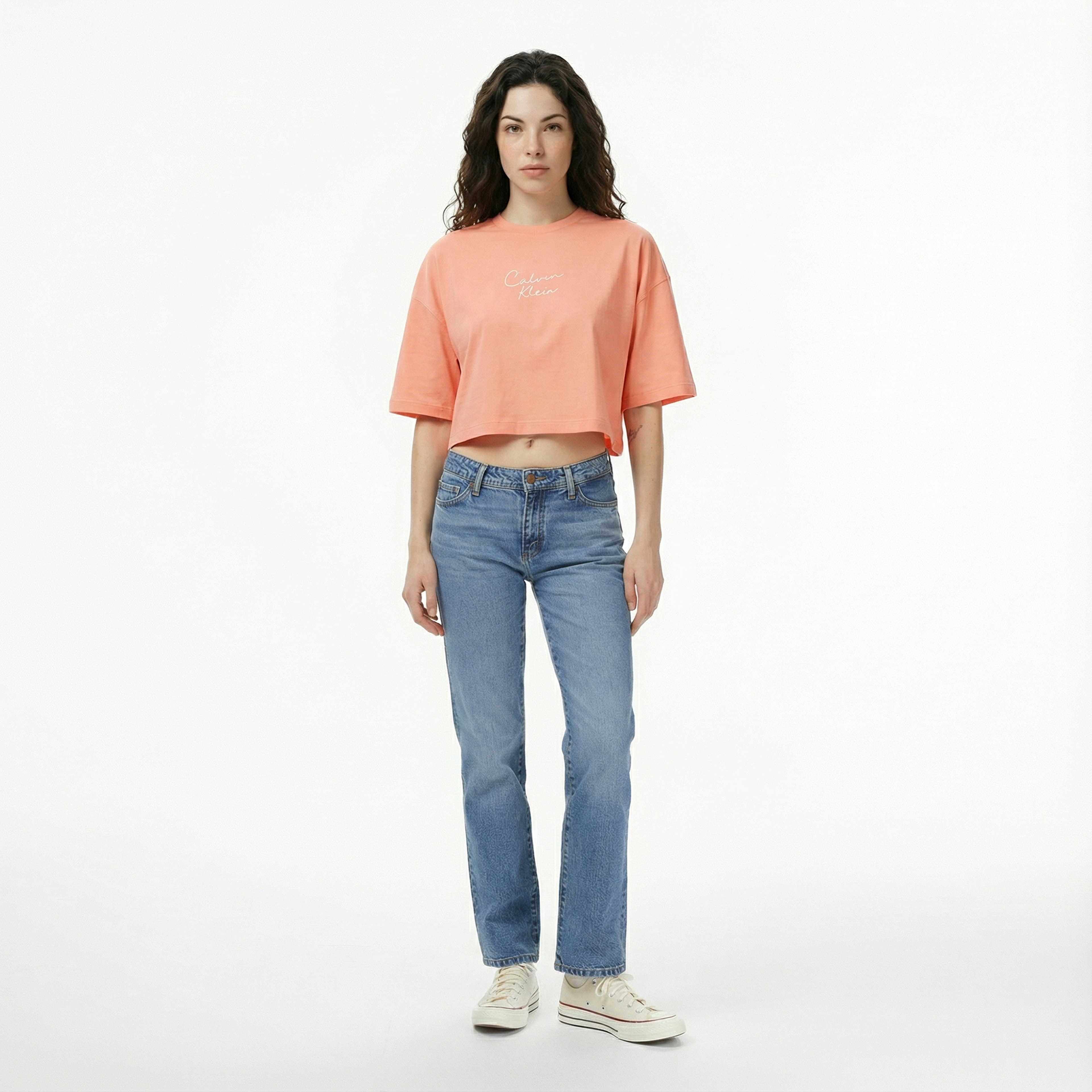 Calvin Klein Cropped Boxy Chain Stitch Logo Kadın Pembe Crop T-Shirt