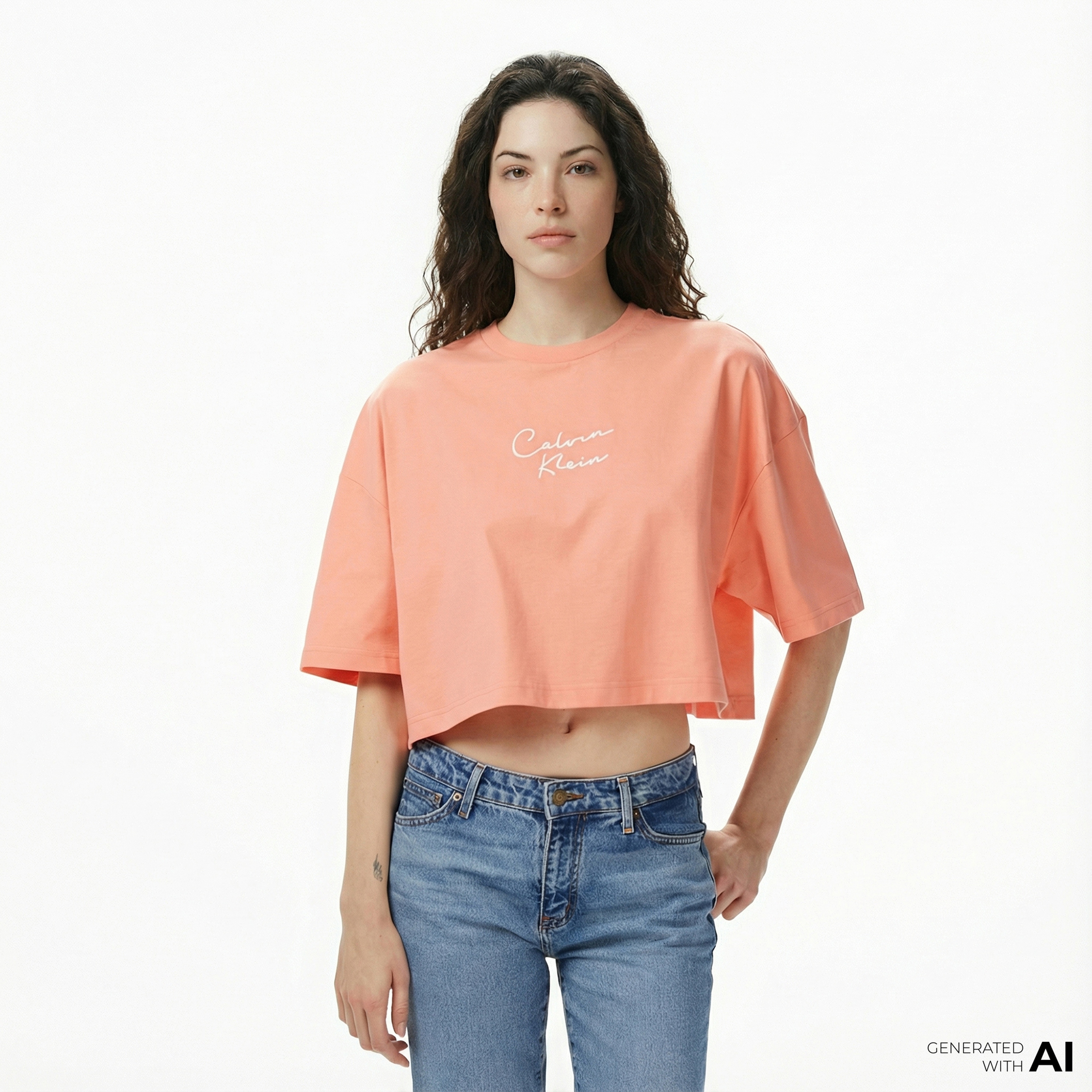 Calvin Klein Cropped Boxy Chain Stitch Logo Kadın Pembe Crop T-Shirt