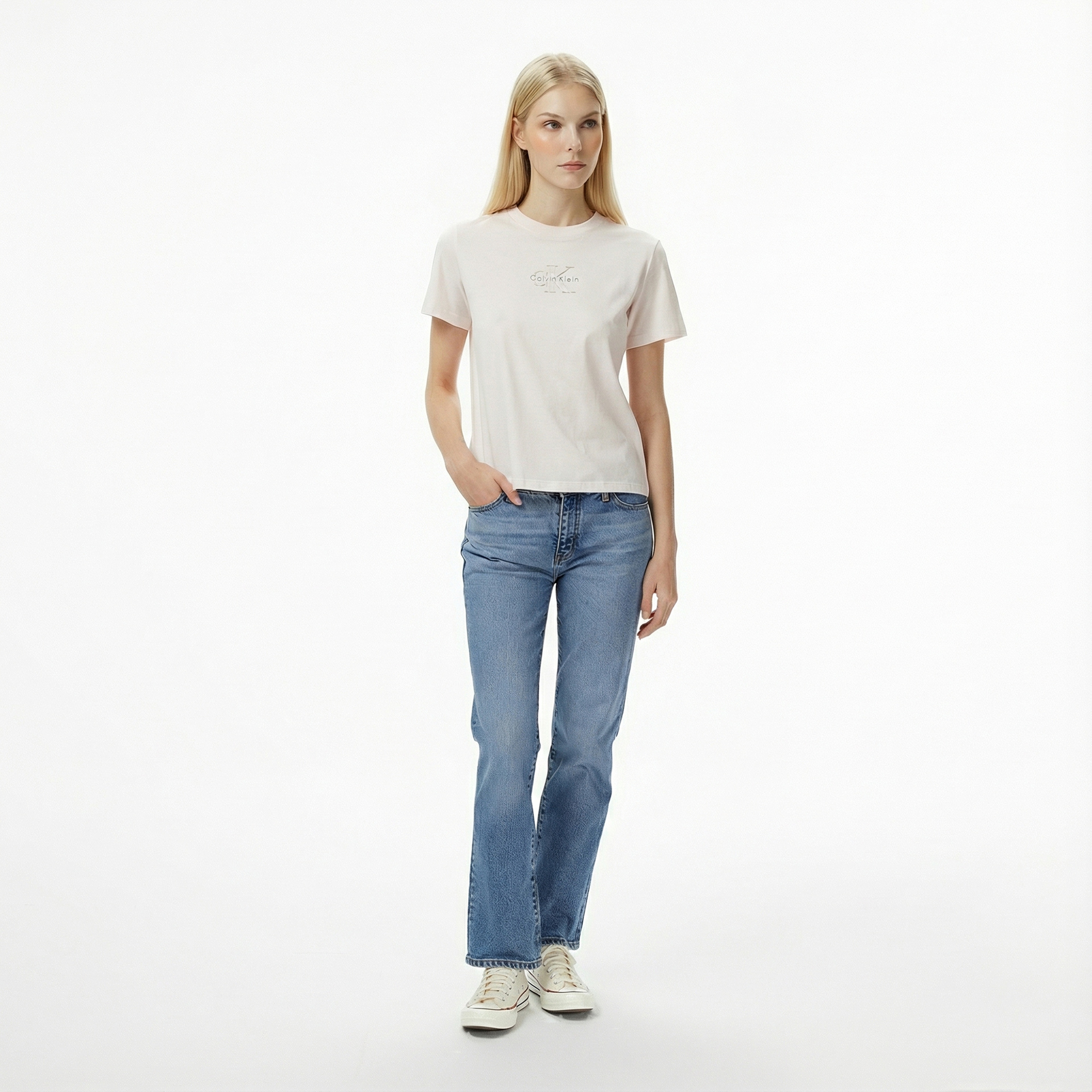 Calvin Klein Classic Foil Monologo Kadın Beyaz T-Shirt