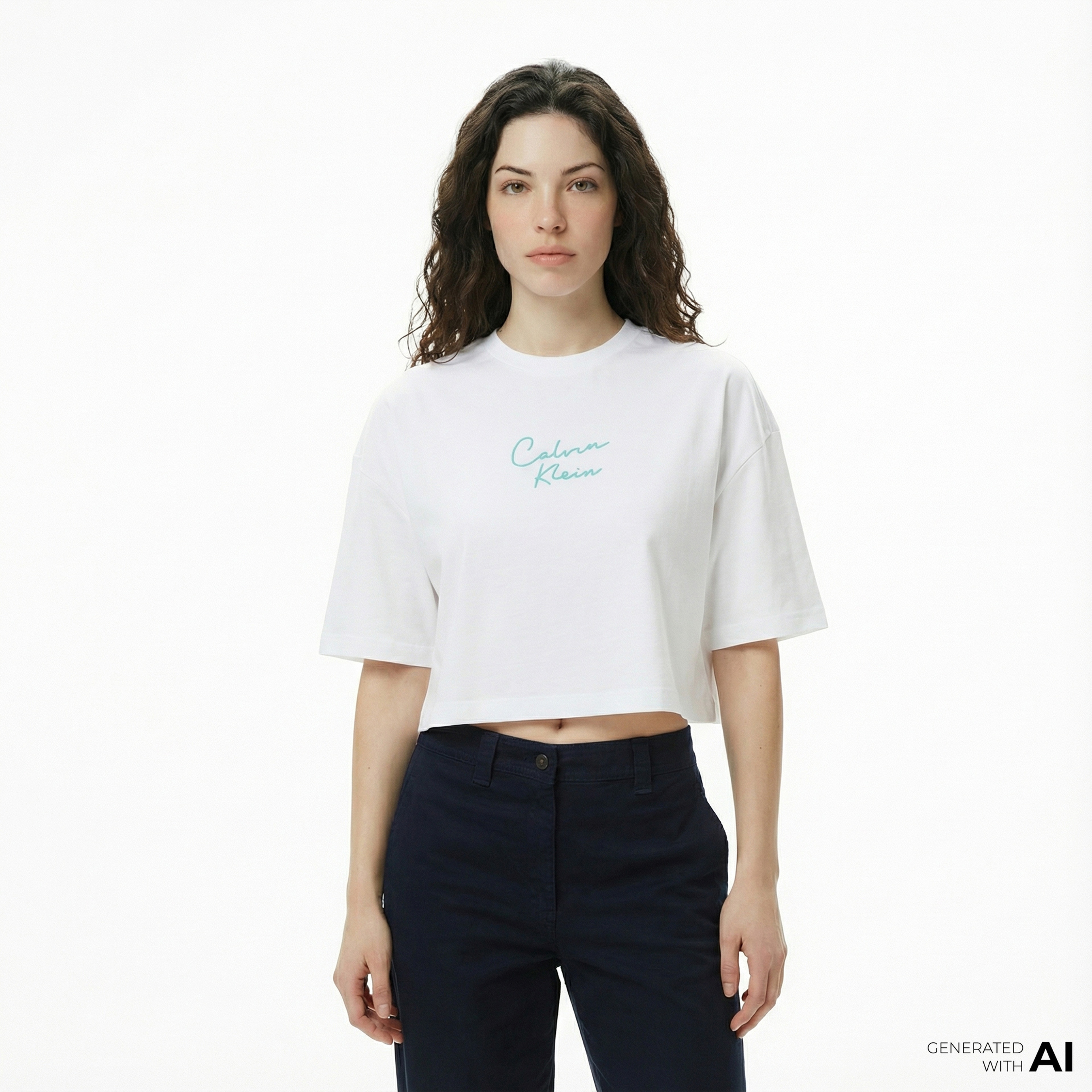 Calvin Klein Cropped Boxy Chain Stitch Logo Kadın Beyaz Crop T-Shirt