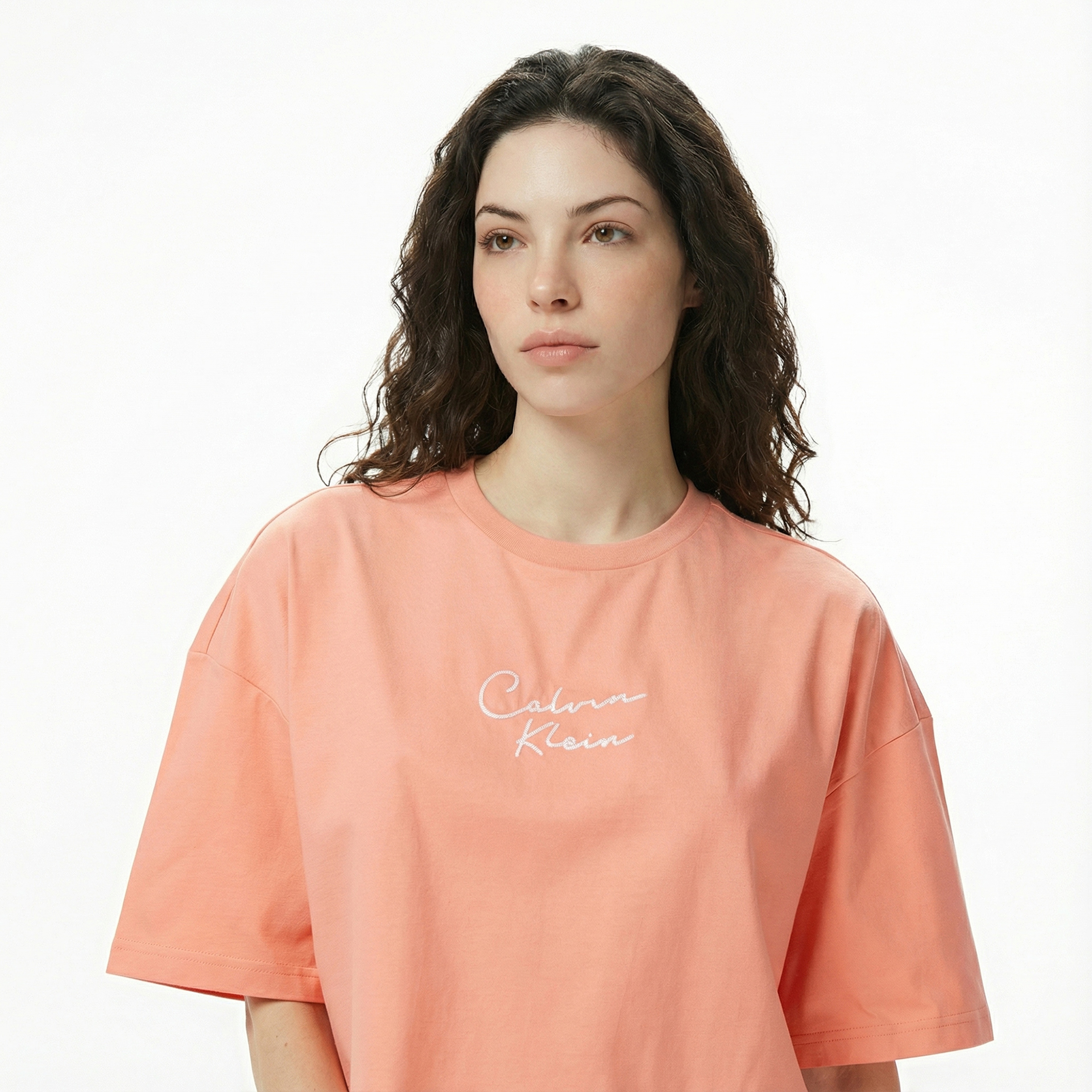 Calvin Klein Cropped Boxy Chain Stitch Logo Kadın Pembe Crop T-Shirt