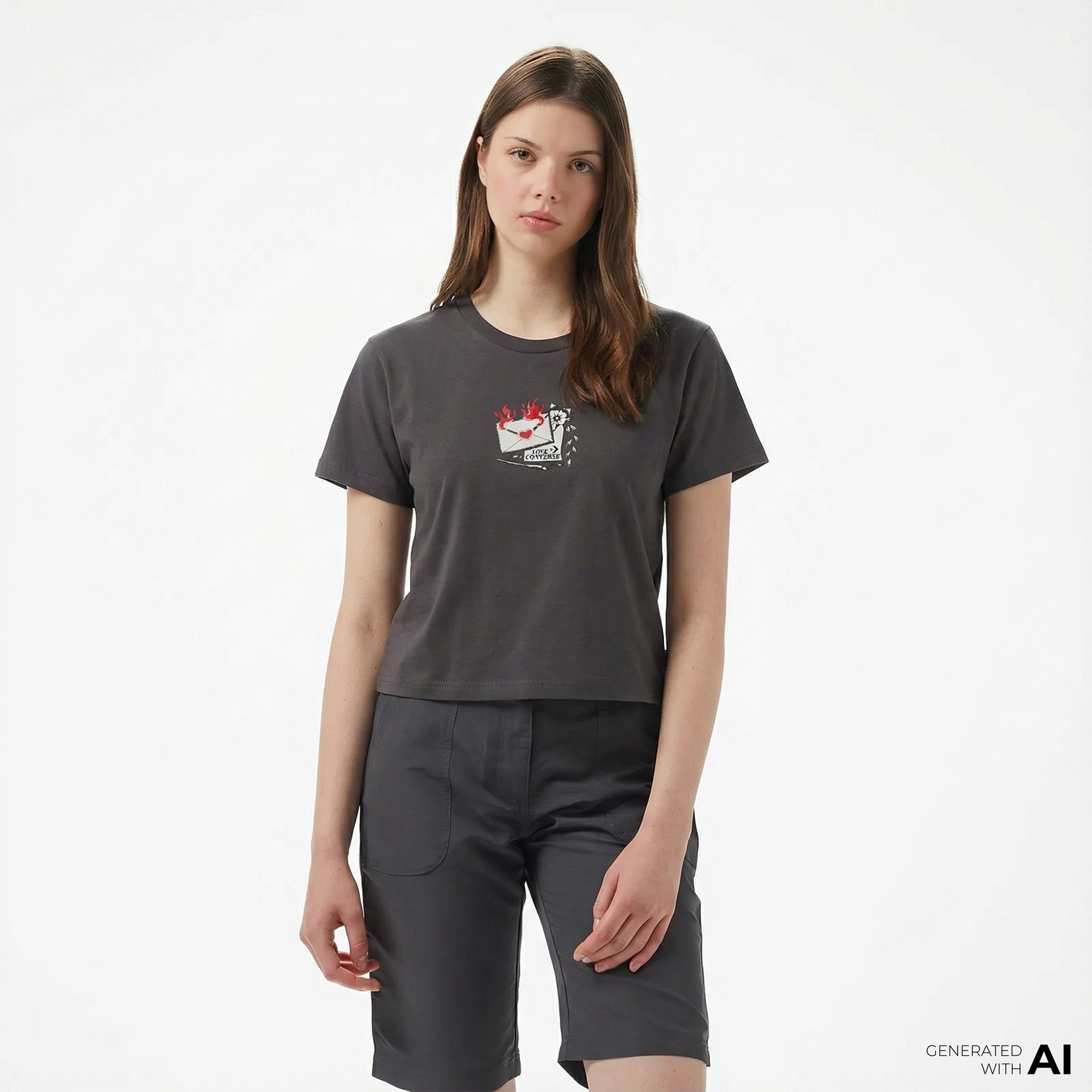 Converse Classic Kadın Slim Fit Baskılı Siyah T-Shirt