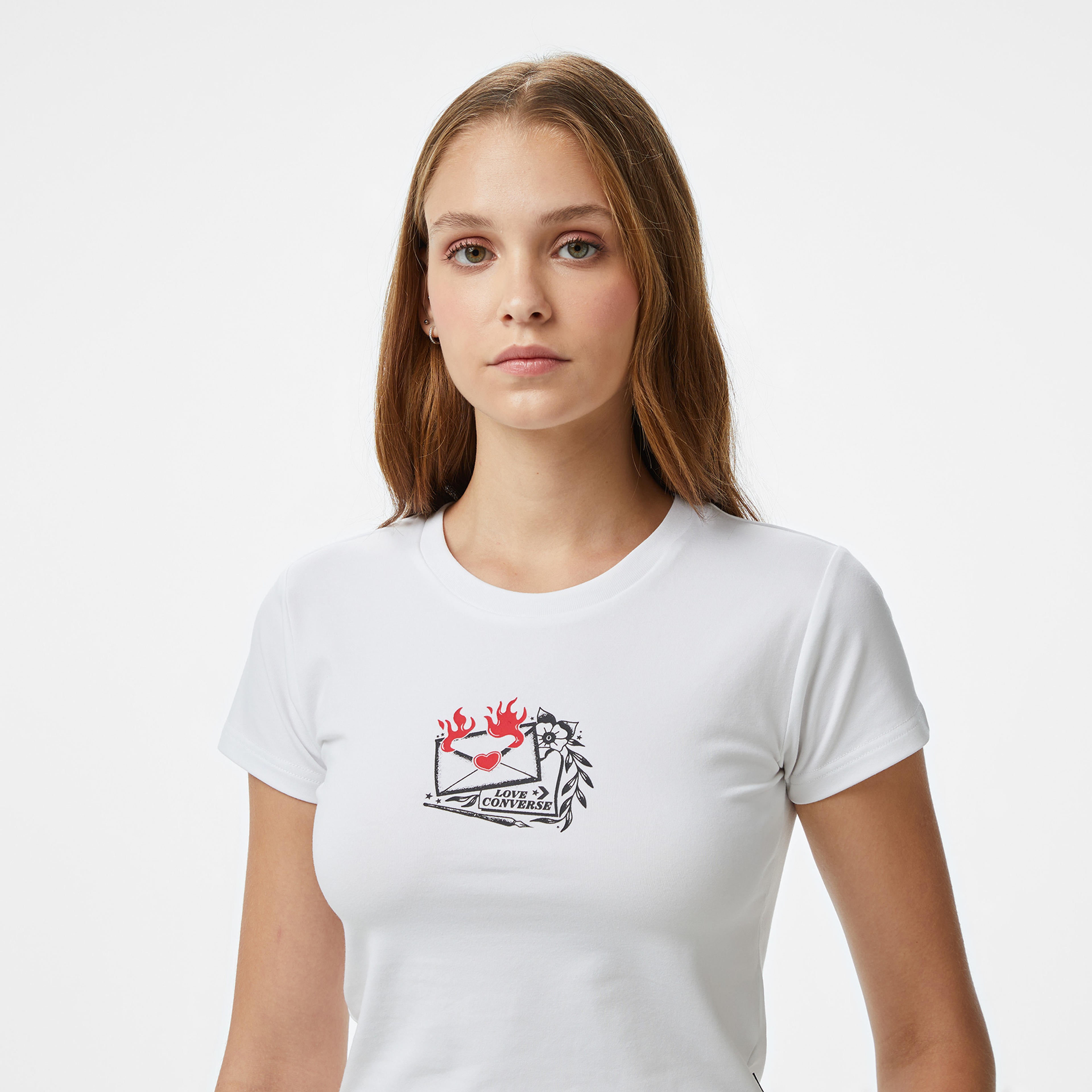 Converse Classic Kadın Slim Fit Baskılı Beyaz T-Shirt