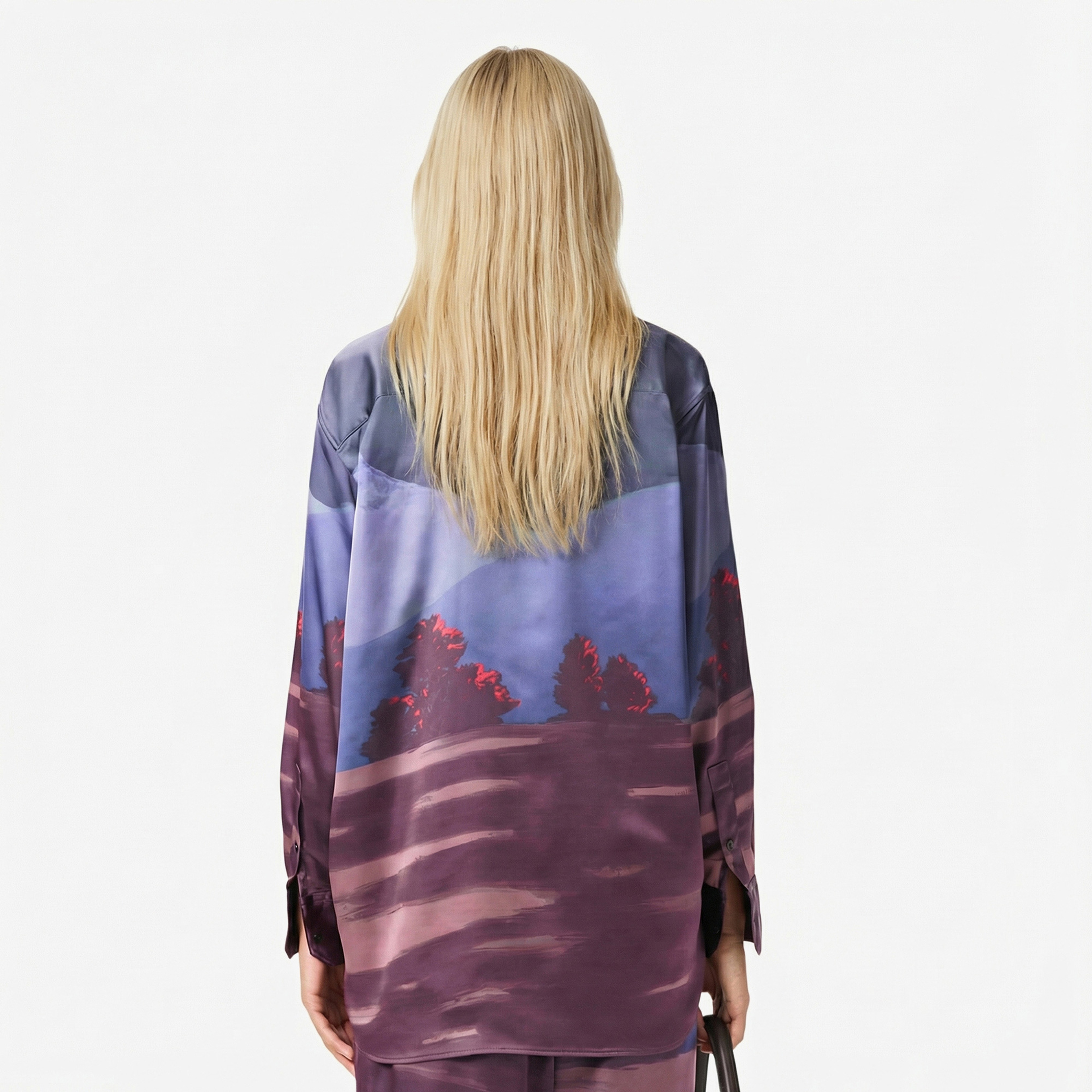 Kadın Oversize Fit Baskılı Mor Saten Gömlek