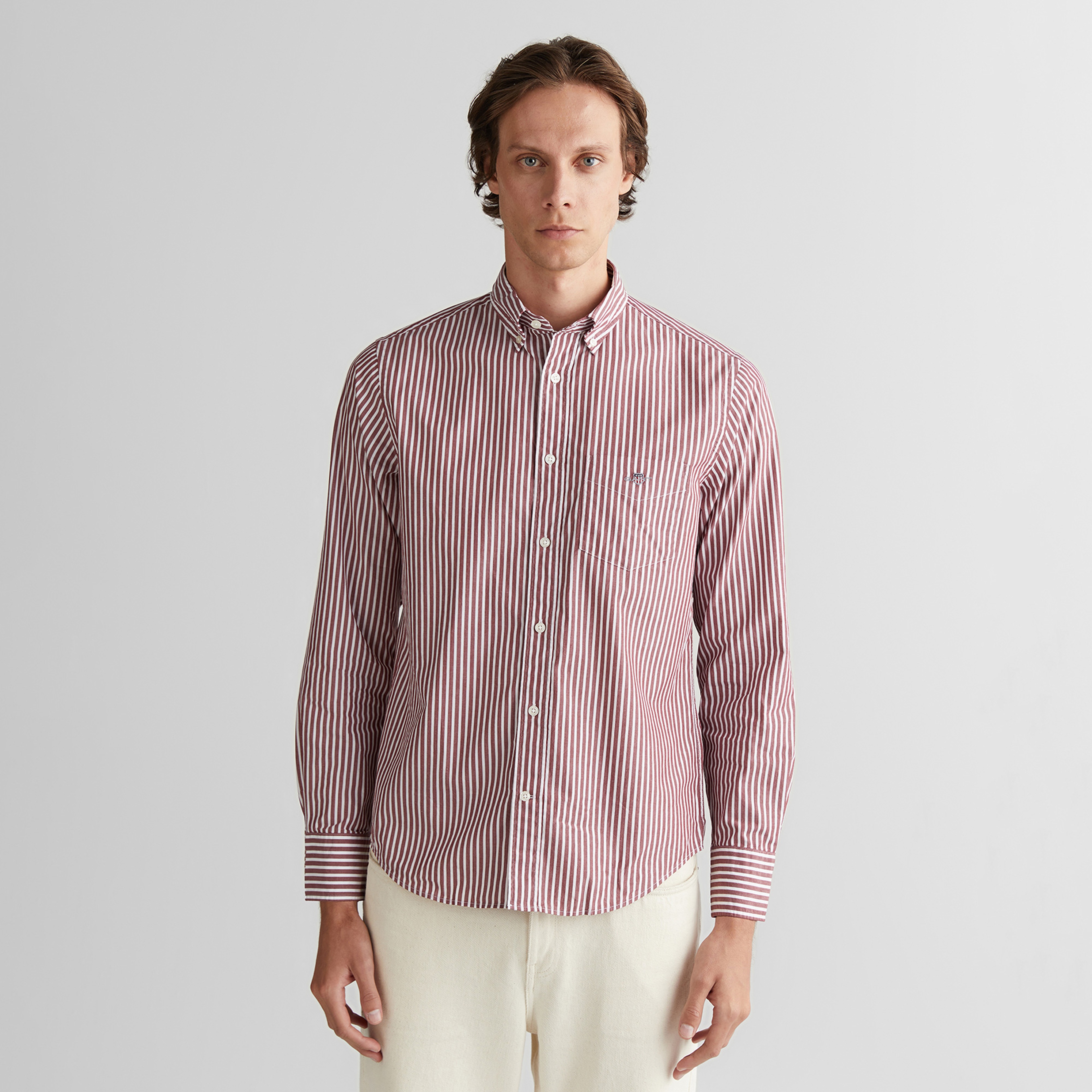 GANT Erkek Bordo Regular Fit Düğmeli Yaka Çizgili Poplin Gömlek