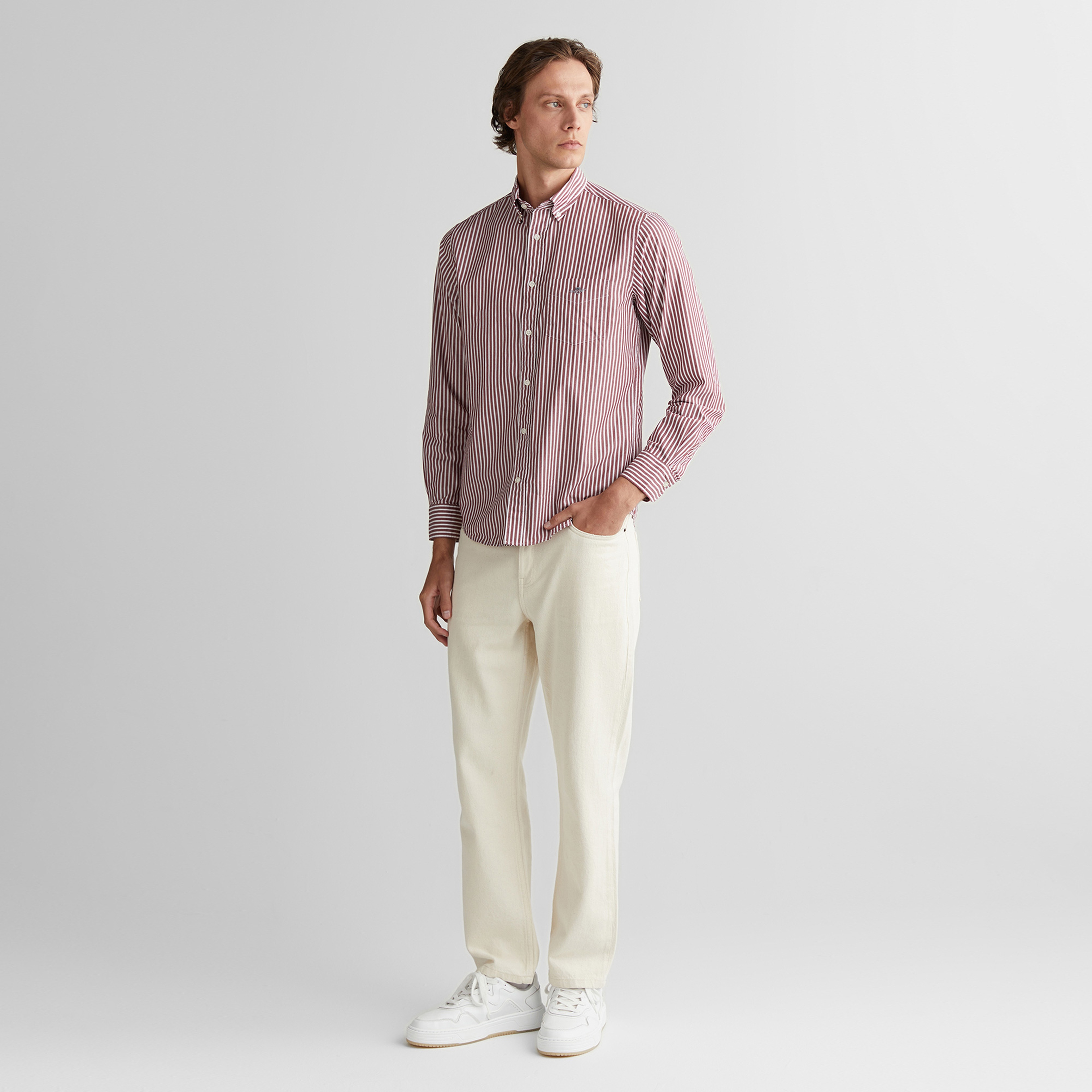 GANT Erkek Bordo Regular Fit Düğmeli Yaka Çizgili Poplin Gömlek