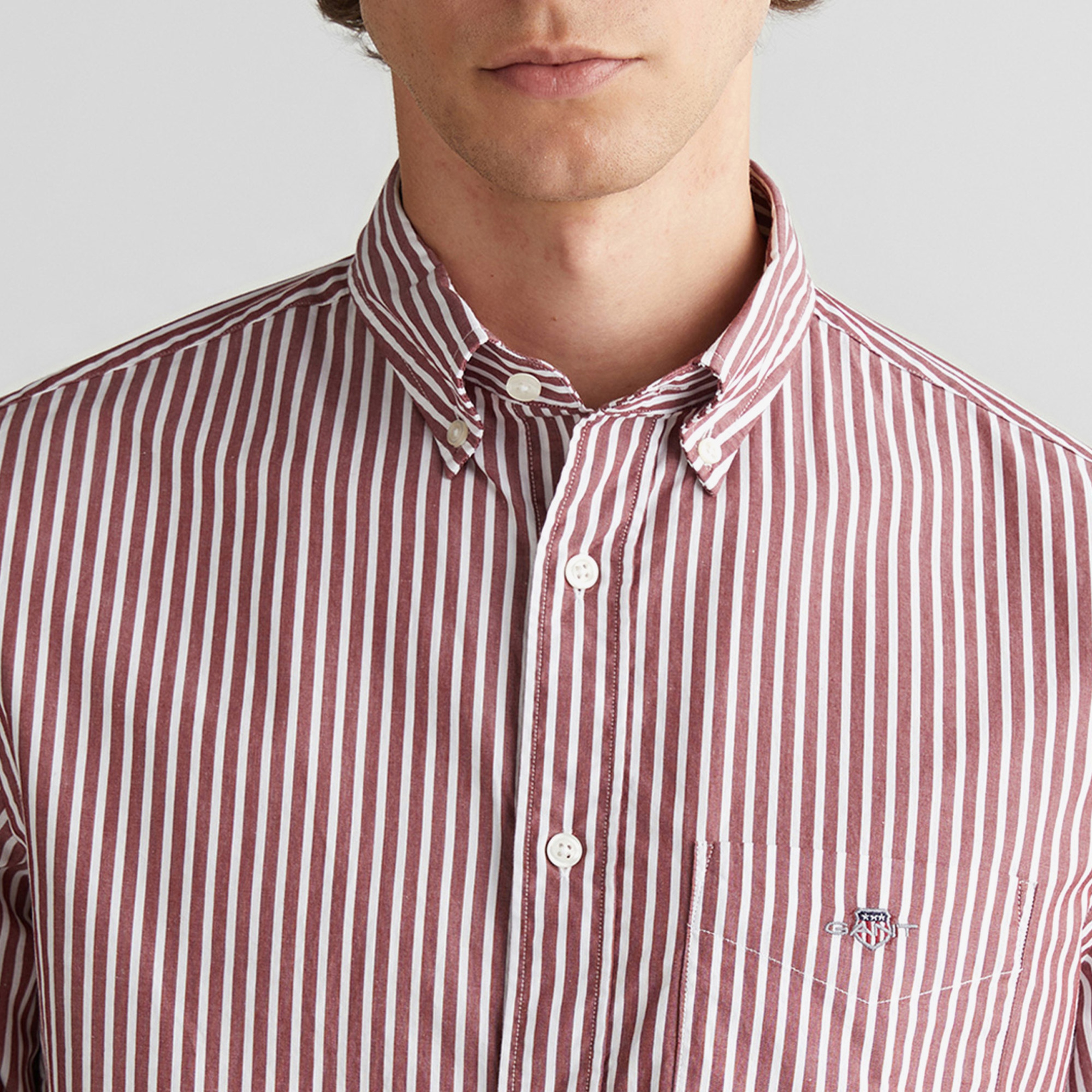 GANT Erkek Bordo Regular Fit Düğmeli Yaka Çizgili Poplin Gömlek