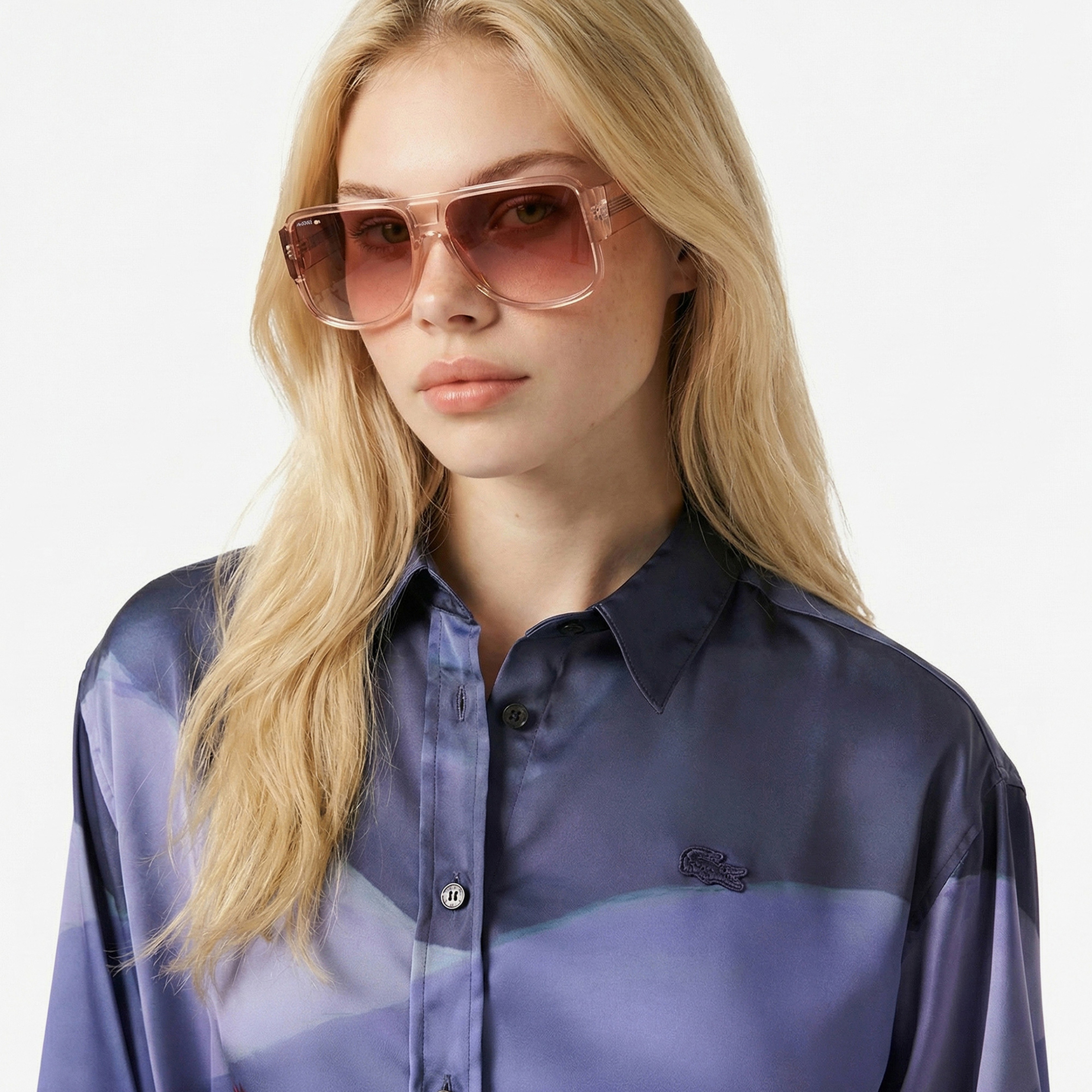 Kadın Oversize Fit Baskılı Mor Saten Gömlek