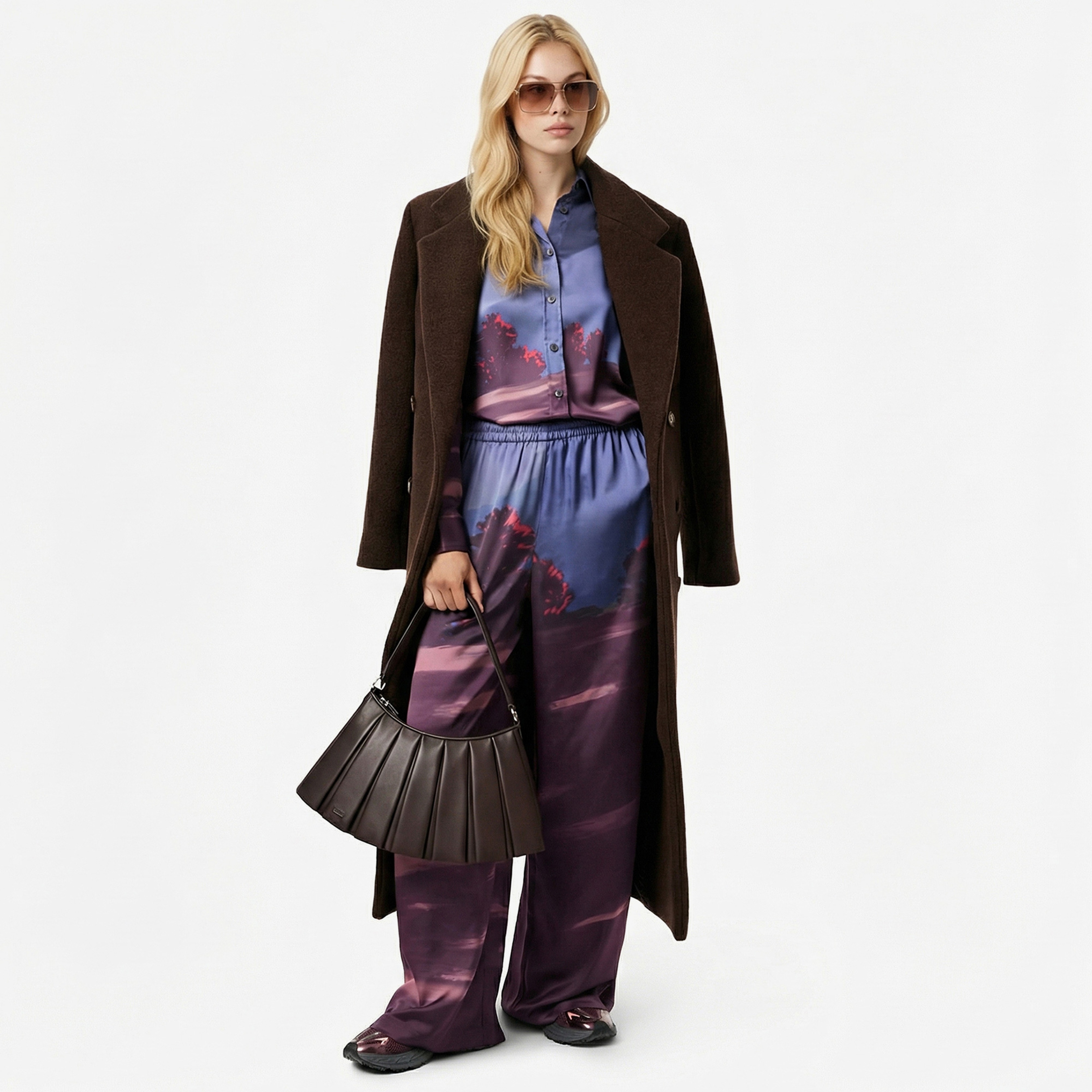 Kadın Oversize Fit Baskılı Mor Saten Gömlek