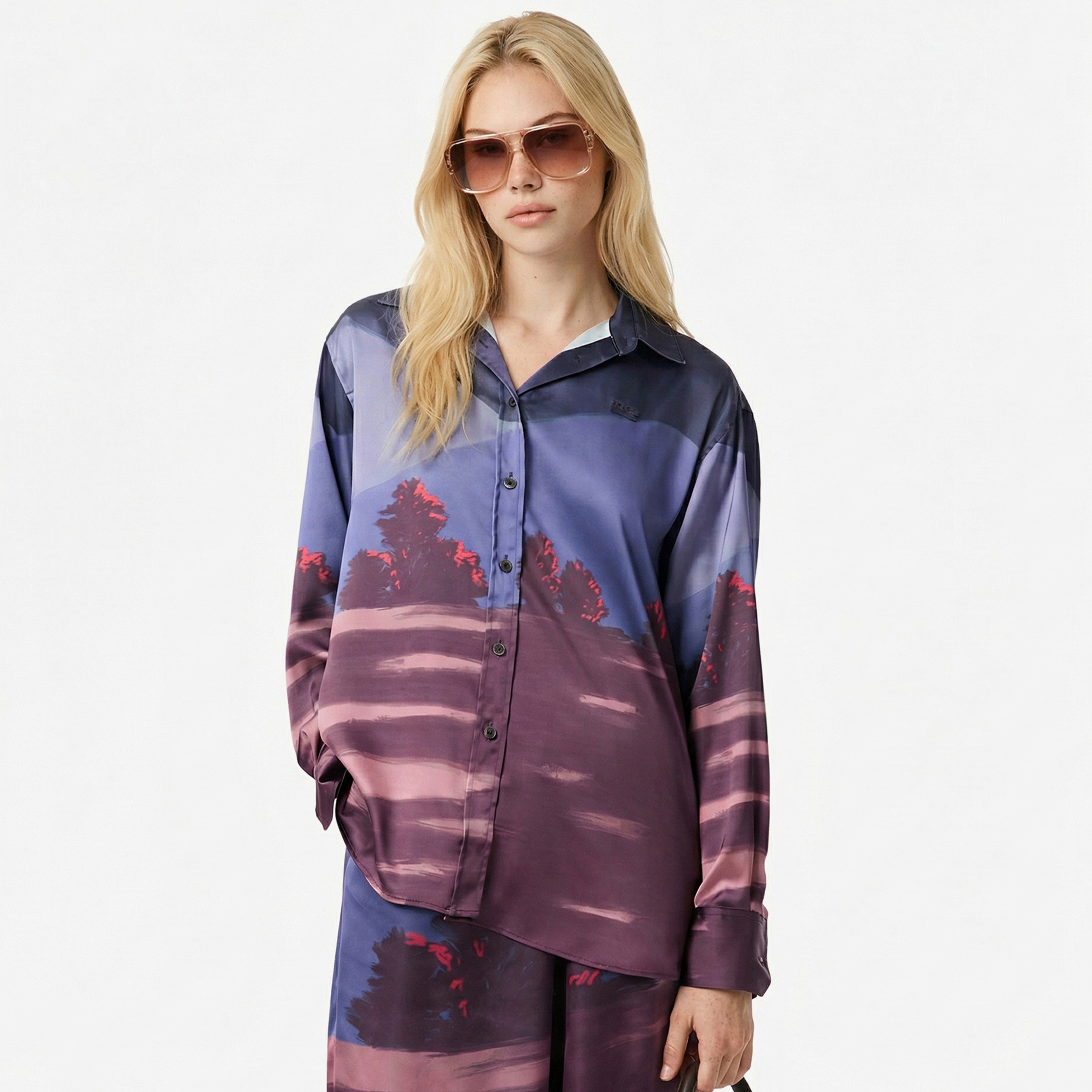 Kadın Oversize Fit Baskılı Mor Saten Gömlek